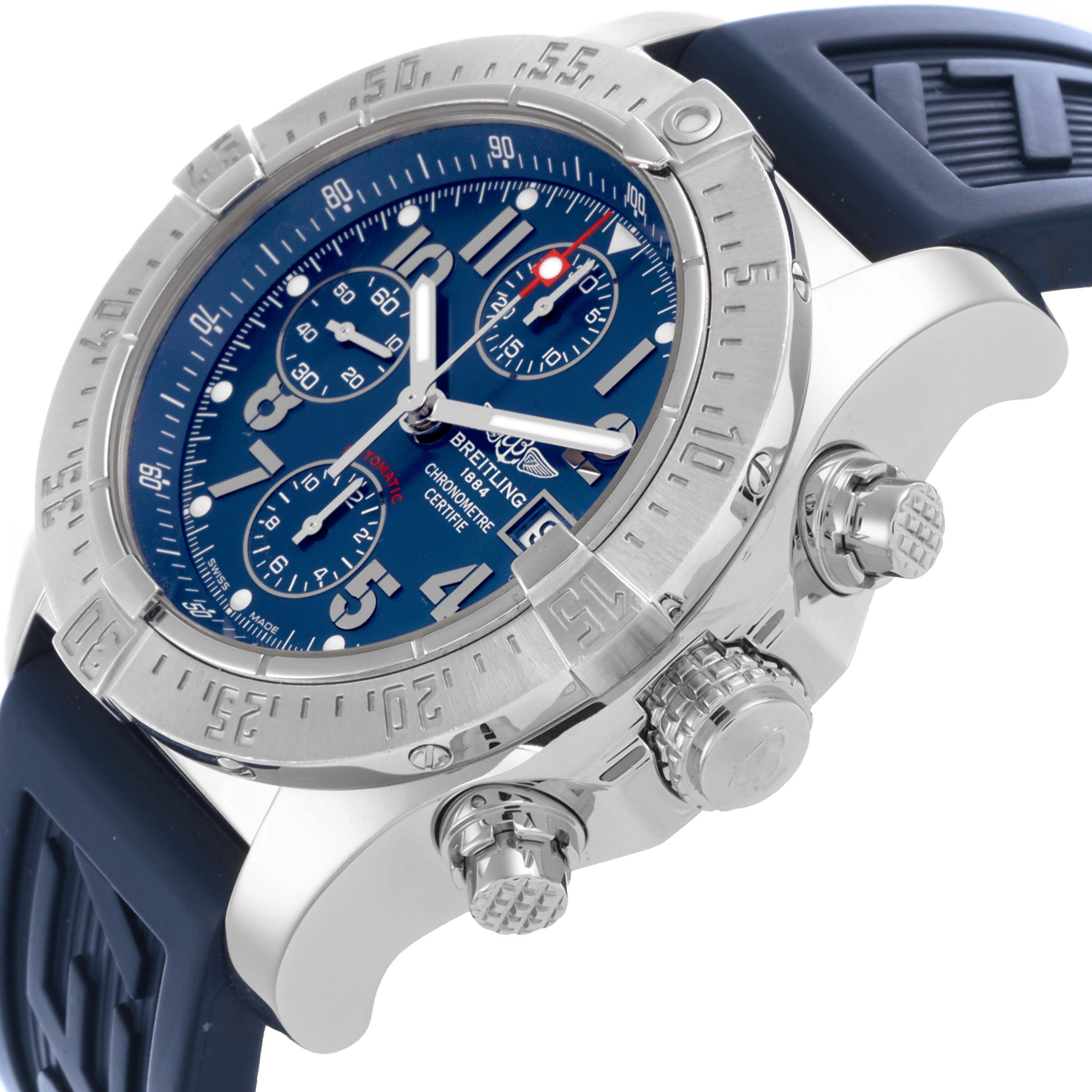 The Breitling Avenger A13380 Men's Stainless Steel Blue Dial A13380 Men's Stainless Steel Blue Dial watch is shown at an angled side view, displaying the bezel, crown, pushers, and part of the strap.