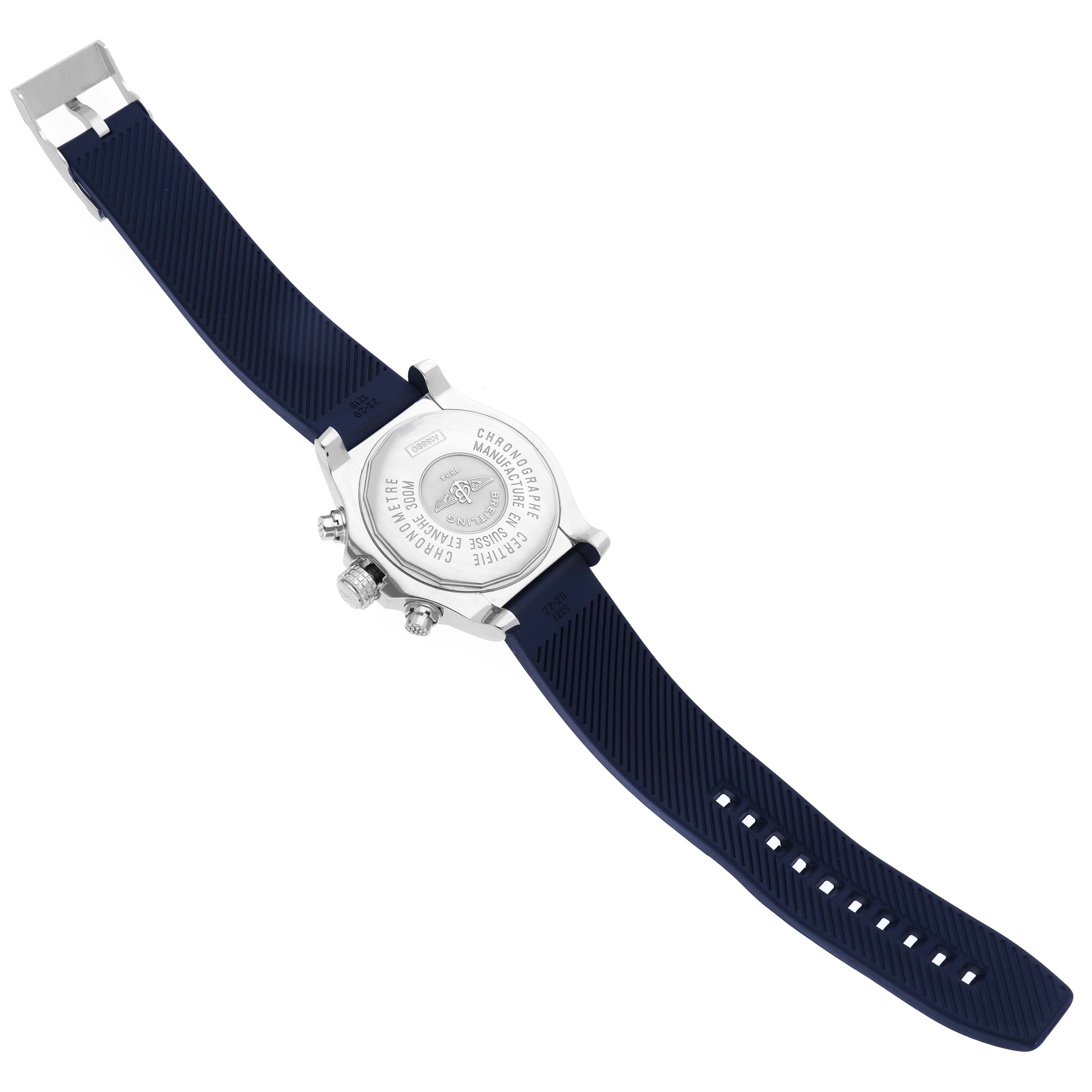 The image shows the back and strap of the Breitling Avenger A13380 Men's Stainless Steel Blue Dial A13380 Men's Stainless Steel Blue Dial watch, highlighting the case back and buckle.