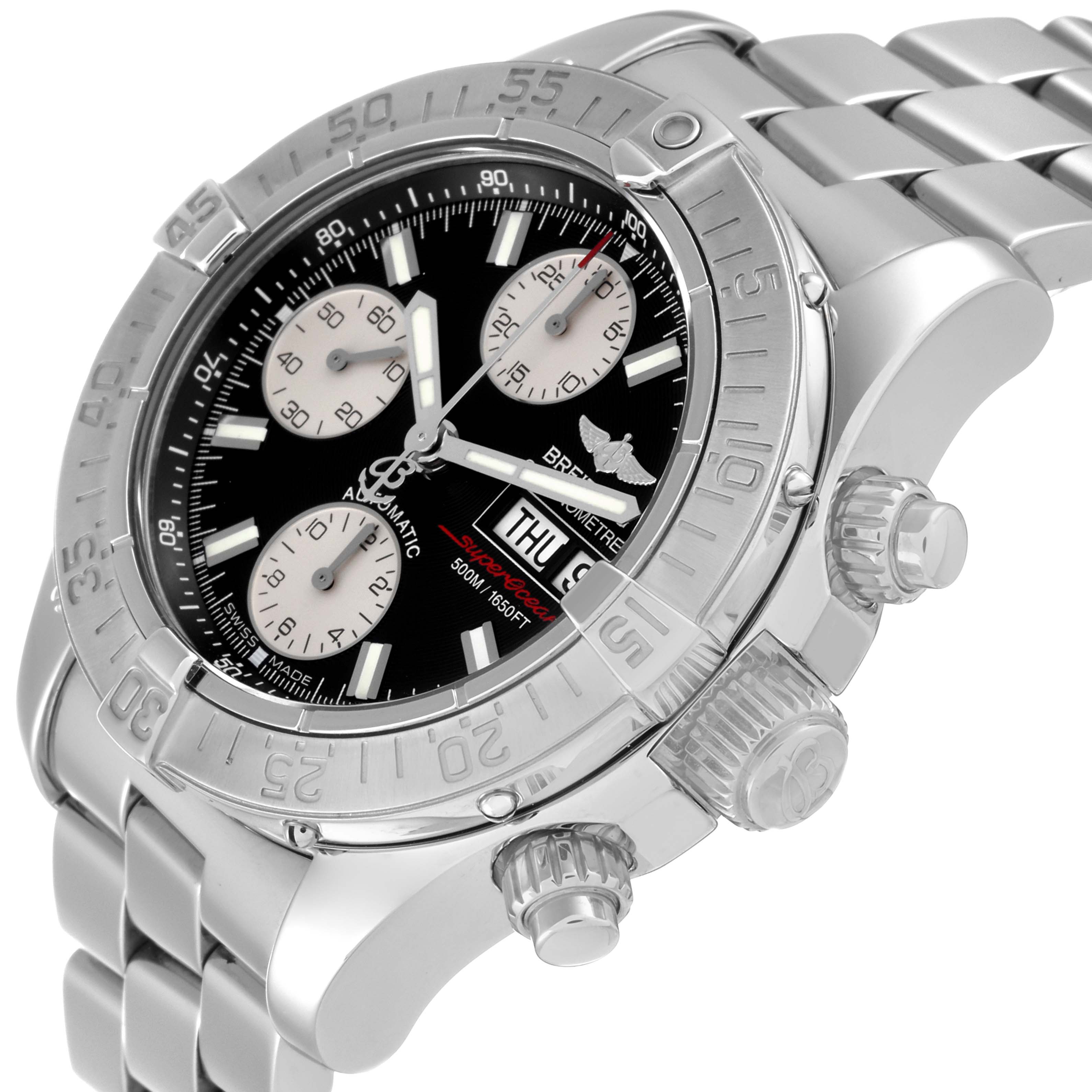 The image shows a Breitling Superocean A13340 Men's Stainless Steel Black Dial A13340 Men's Stainless Steel Black Dial watch at a slight angle, highlighting the dial, bezel, crown, pushers, and part of the bracelet.