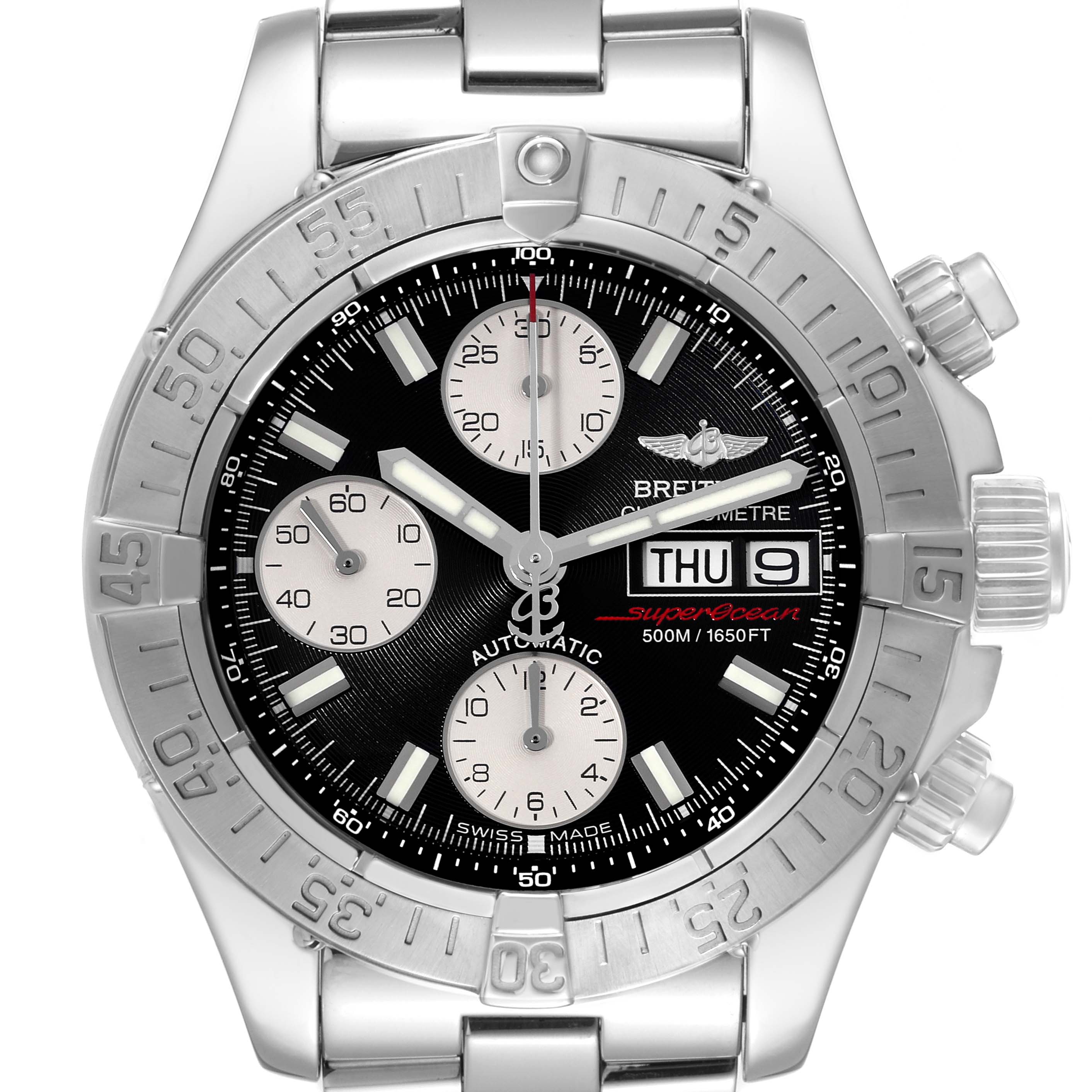 This image shows a front view of a Breitling Superocean A13340 Men's Stainless Steel Black Dial A13340 Men's Stainless Steel Black Dial watch, focusing on the dial, bezel, and pushers.