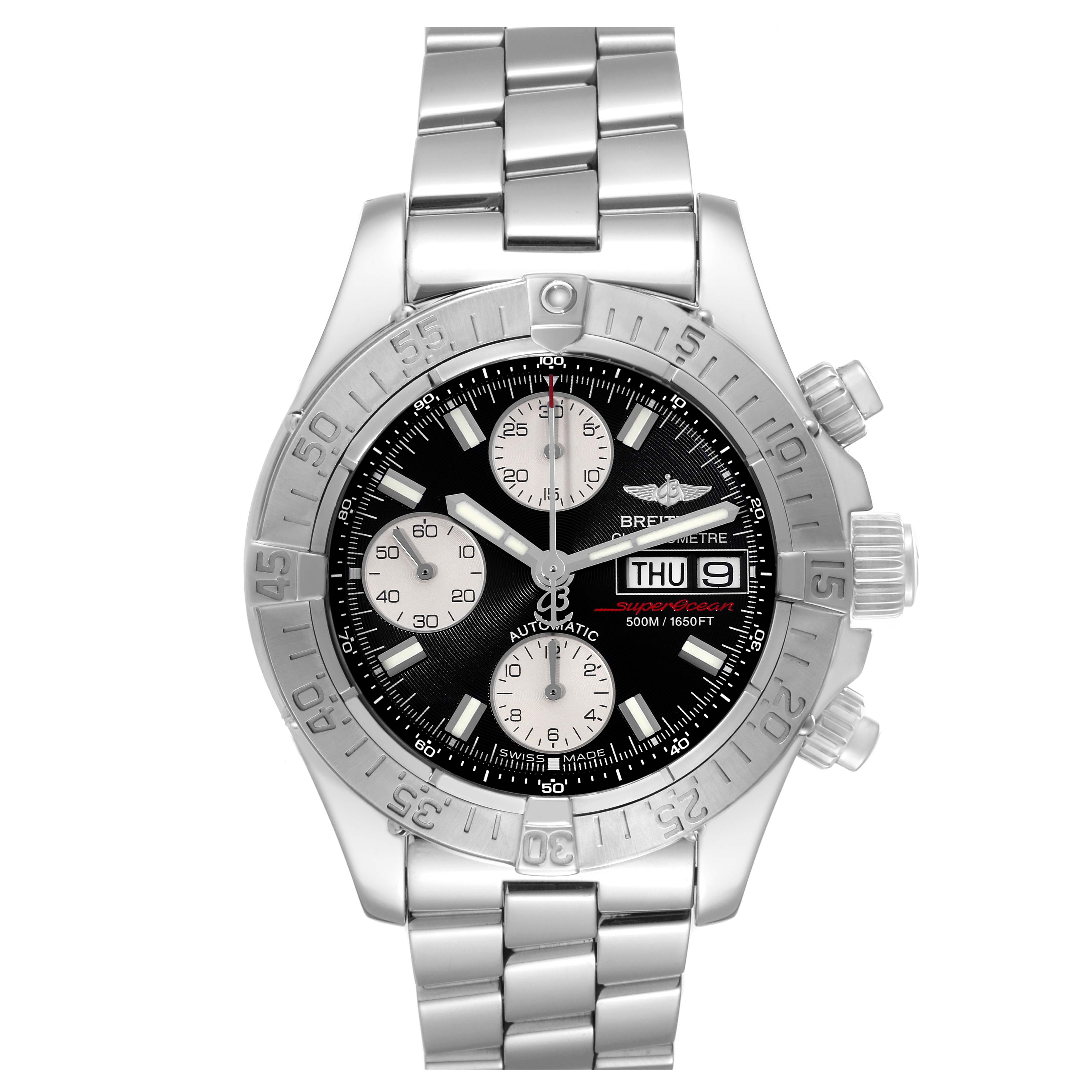 The image shows a front-facing view of the Breitling Superocean A13340 Men's Stainless Steel Black Dial A13340 Men's Stainless Steel Black Dial watch, featuring the dial, bezel, and bracelet.