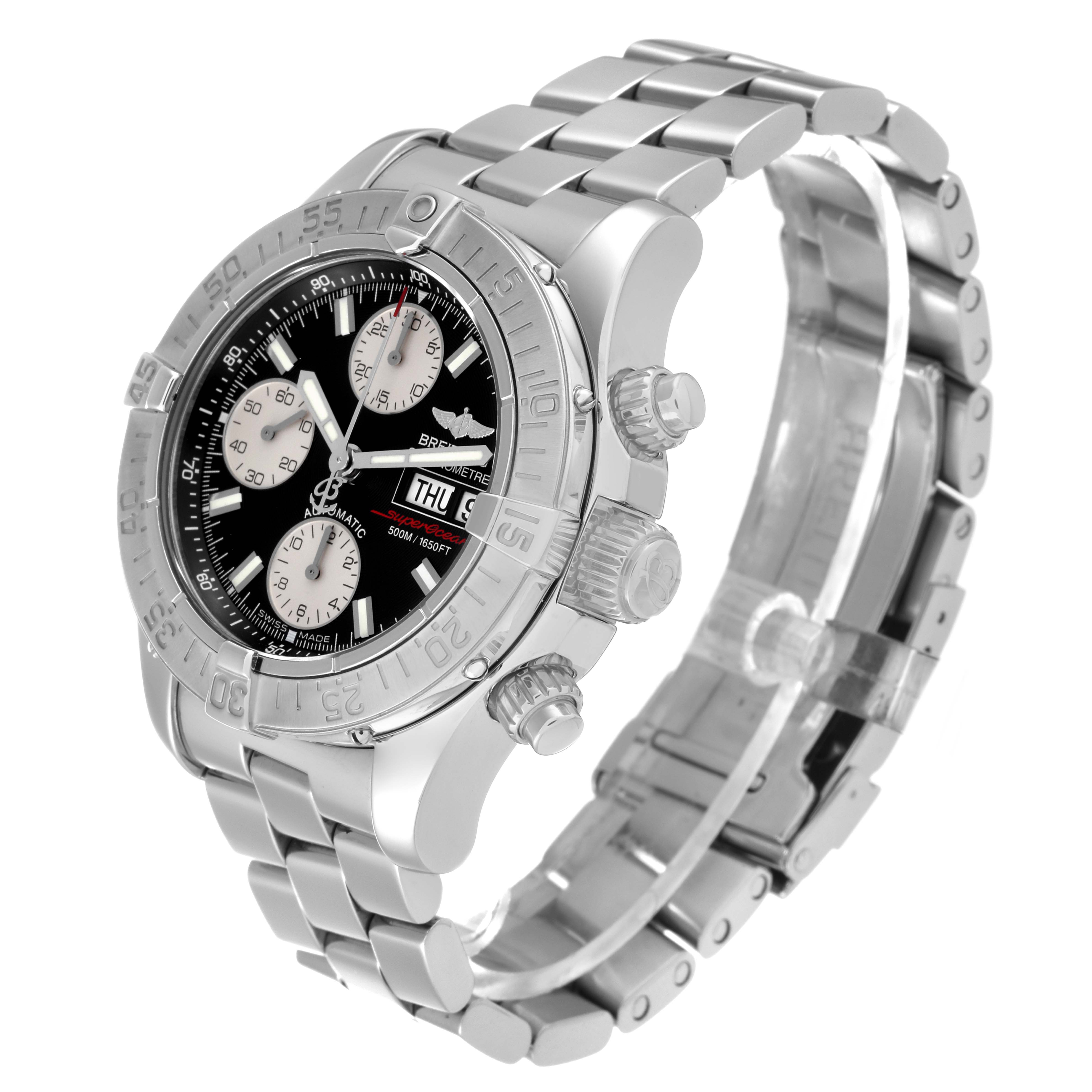 The image shows a Breitling Superocean A13340 Men's Stainless Steel Black Dial A13340 Men's Stainless Steel Black Dial watch at a three-quarter angle, highlighting the face, bezel, and stainless steel bracelet.