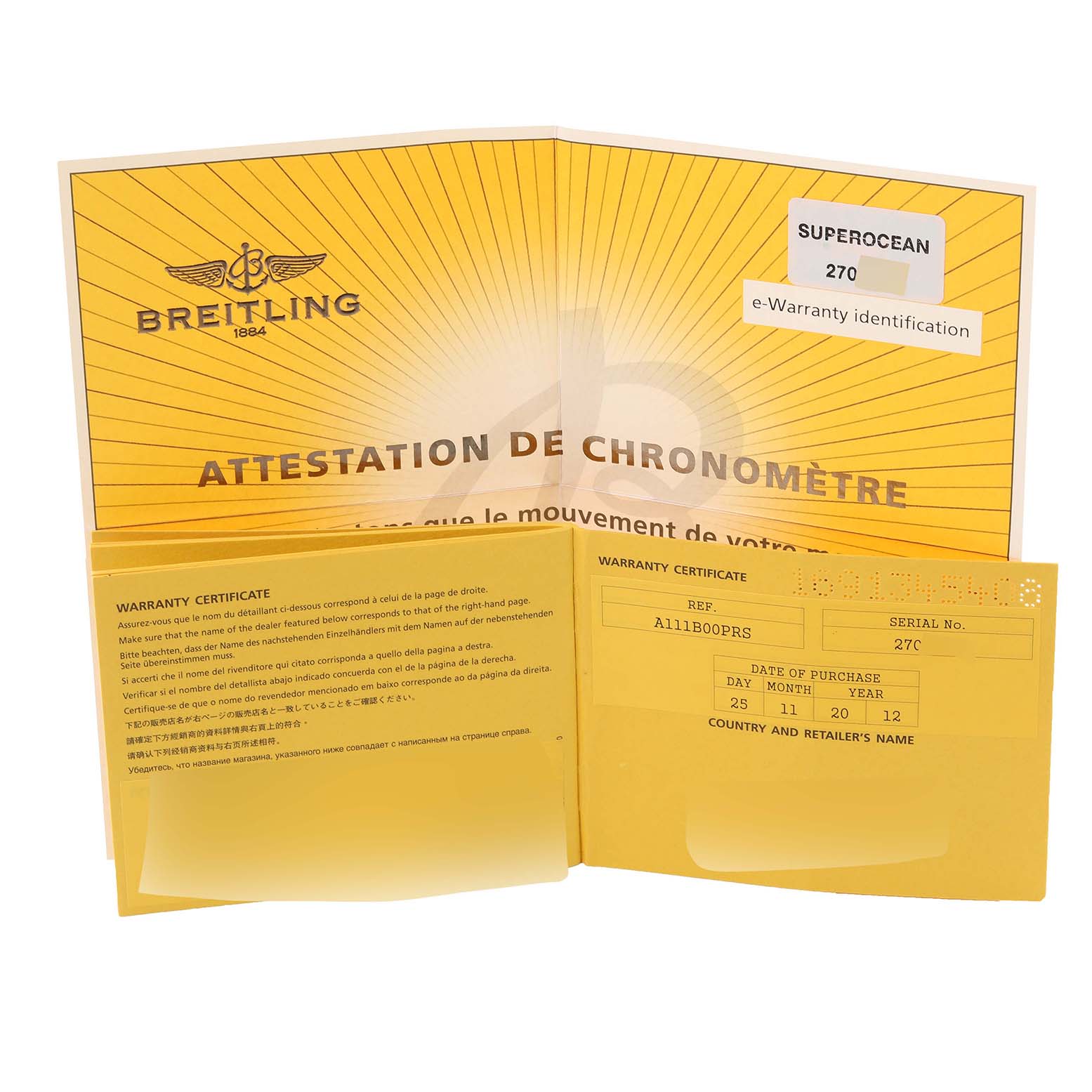 The image shows the warranty certificate and chronometer attestation for the Breitling Superocean A13340 Men's Stainless Steel Black Dial A13340 Men's Stainless Steel Black Dial model.