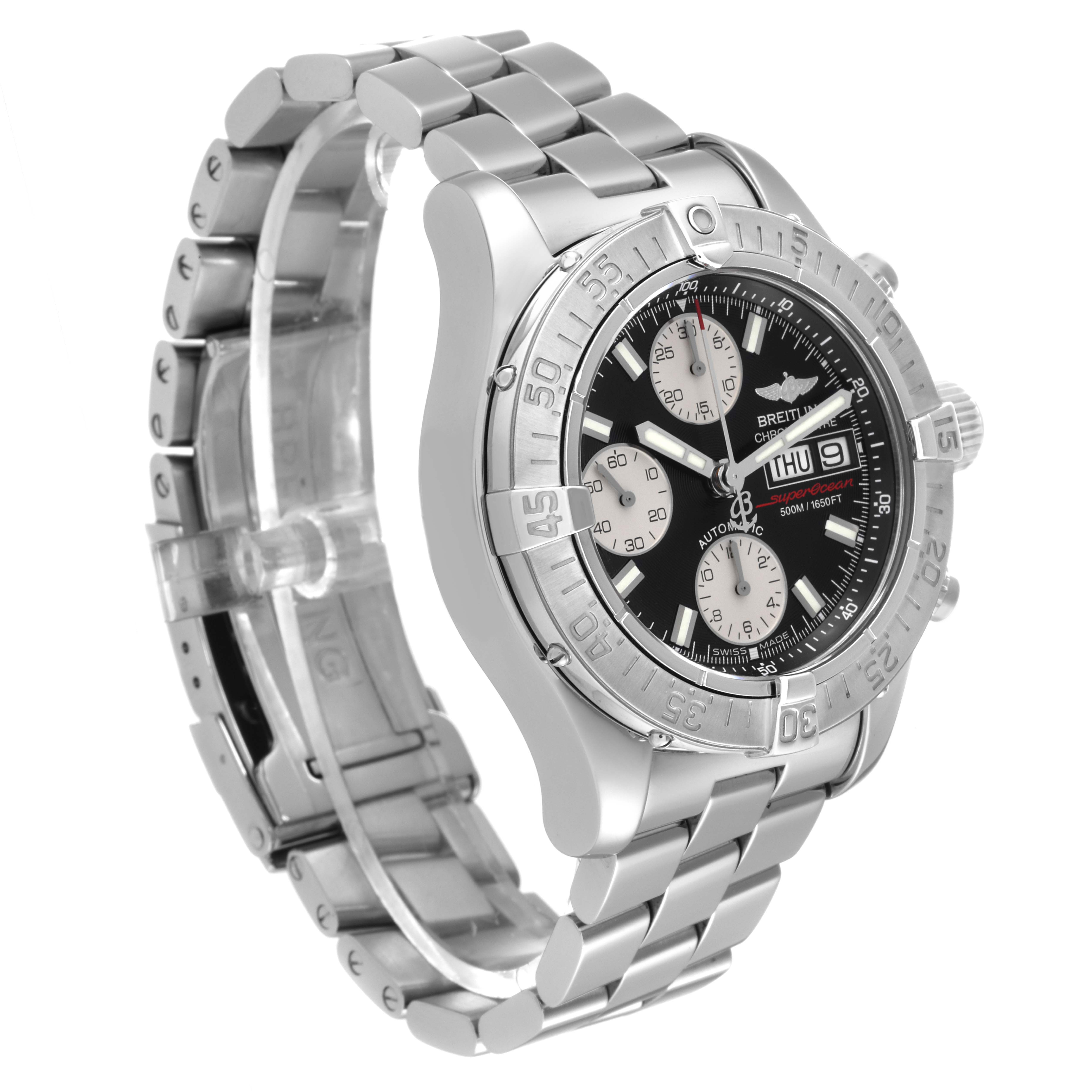 The Breitling Superocean A13340 Men's Stainless Steel Black Dial A13340 Men's Stainless Steel Black Dial watch is shown from a side angle, displaying its face, bezel, and stainless steel bracelet.