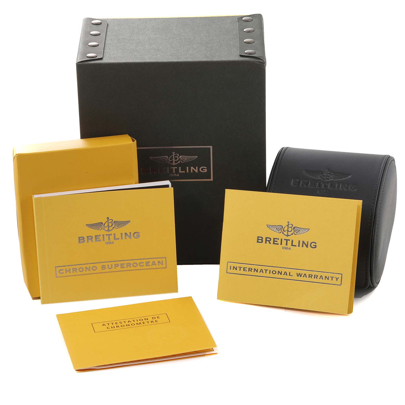 The image shows Breitling Superocean A13340 Men's Stainless Steel Black Dial A13340 Men's Stainless Steel Black Dial watch packaging, including manuals, a warranty card, a case, and a box viewed from the front.