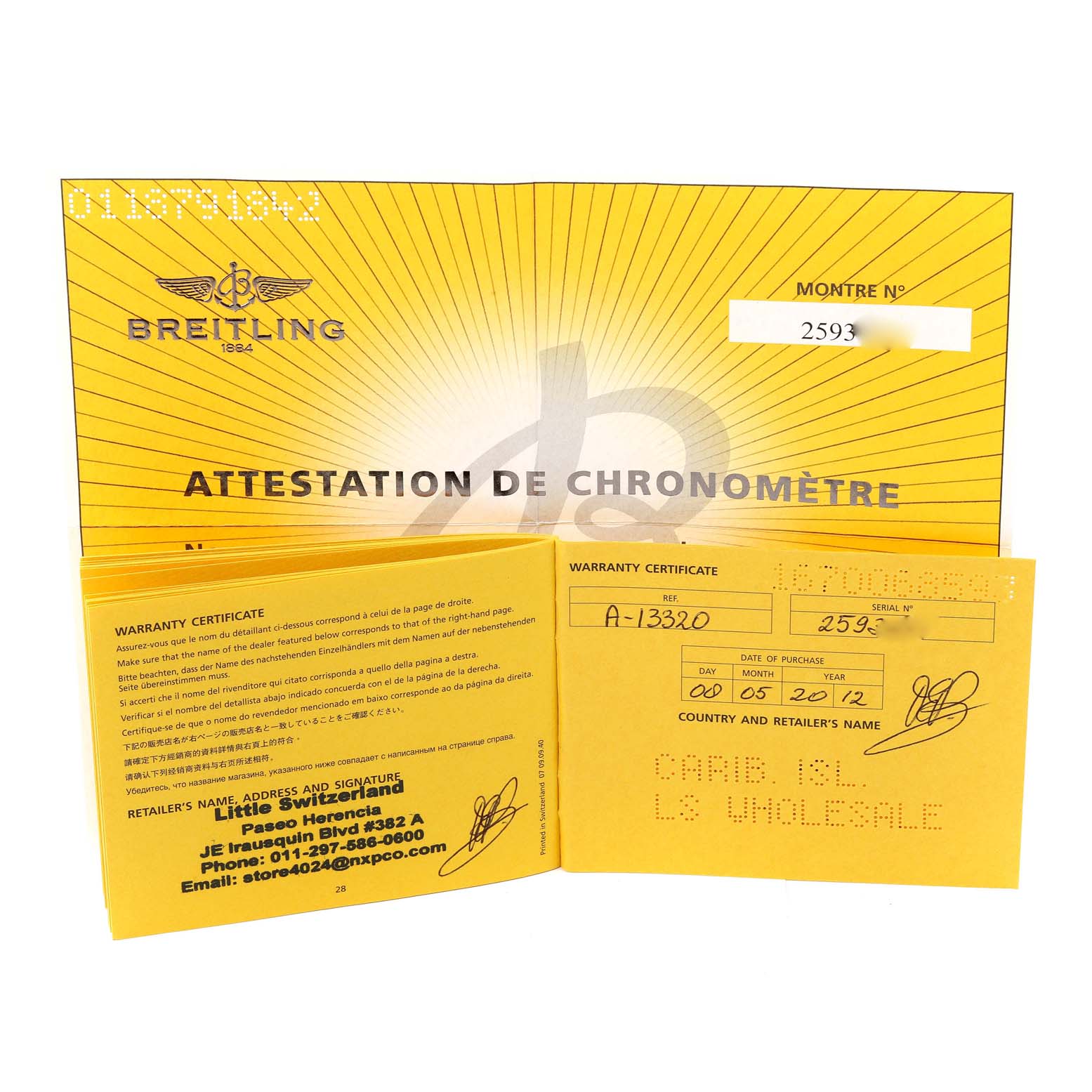 The image shows the warranty certificate and chronometer attestation for a Breitling Superocean A13320 Men's Stainless Steel Black Dial A13320 Men's Stainless Steel Black Dial watch.