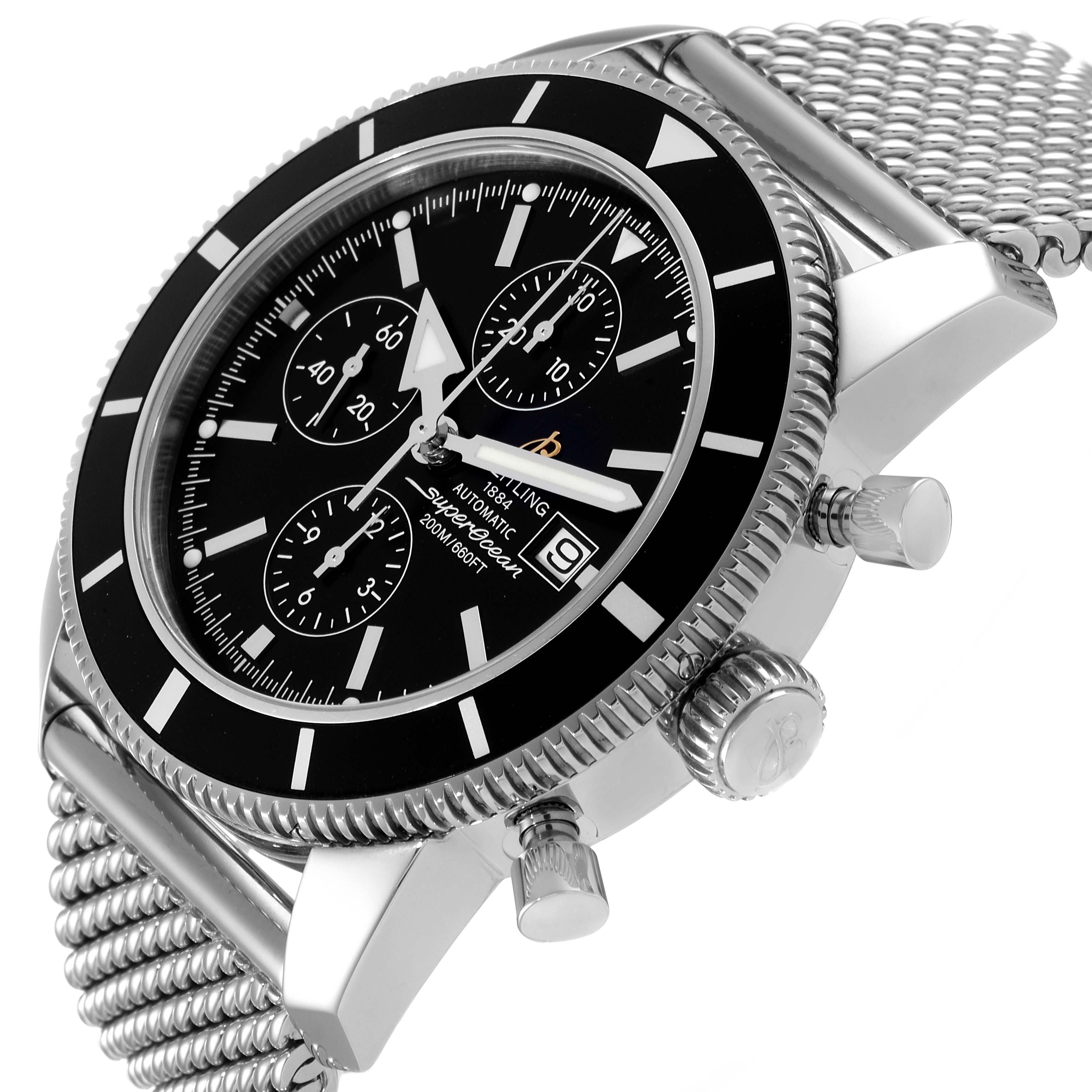 The image shows a side and front angle of the Breitling Superocean A13320 Men's Stainless Steel Black Dial A13320 Men's Stainless Steel Black Dial watch, highlighting its dial, bezel, and mesh metal band.