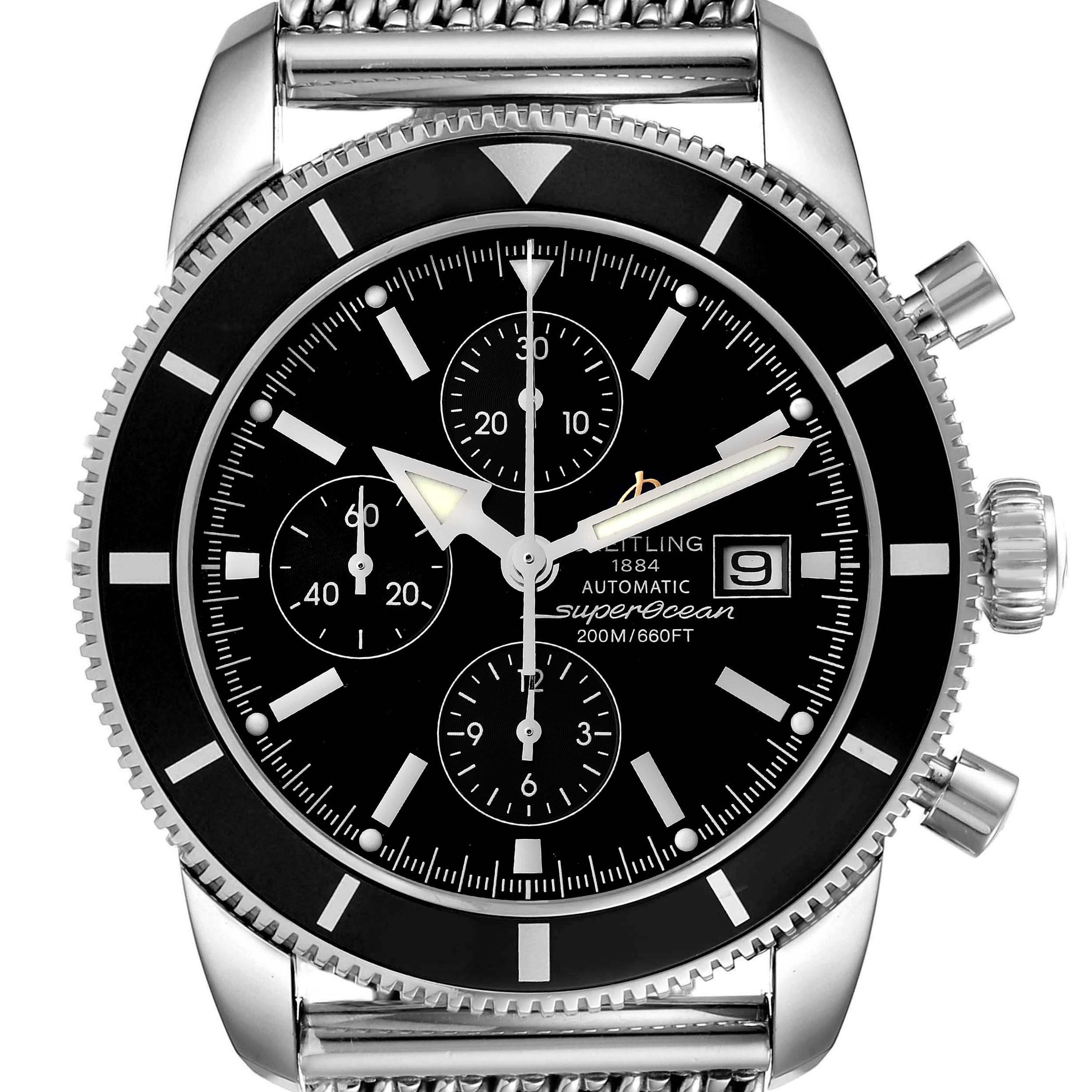 This is a close-up of a Breitling Superocean A13320 Men's Stainless Steel Black Dial A13320 Men's Stainless Steel Black Dial watch face, featuring a black dial, chronograph subdials, date window, and metal mesh strap.
