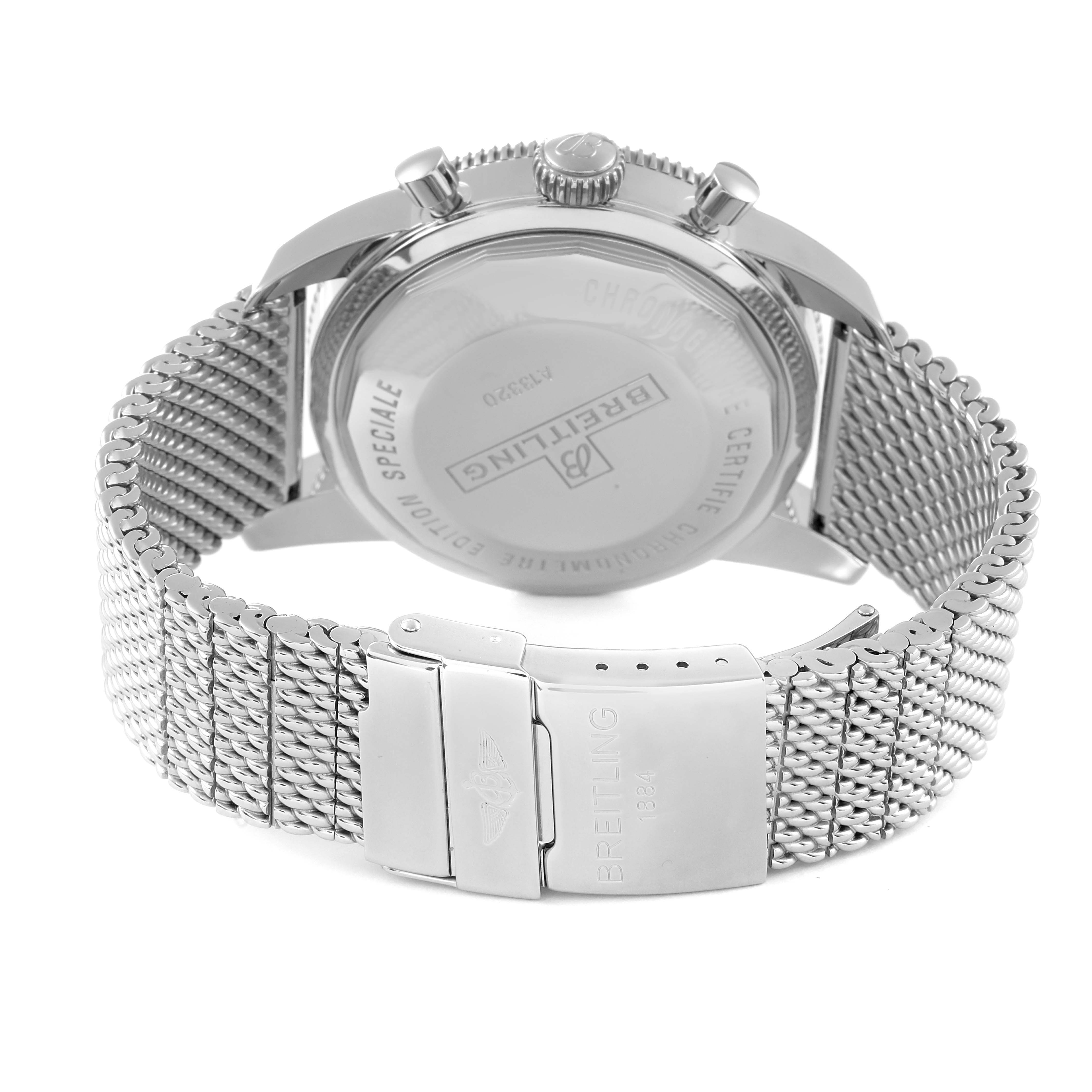 The image shows the back and clasp of a Breitling Superocean A13320 Men's Stainless Steel Black Dial A13320 Men's Stainless Steel Black Dial watch at a slight angle.