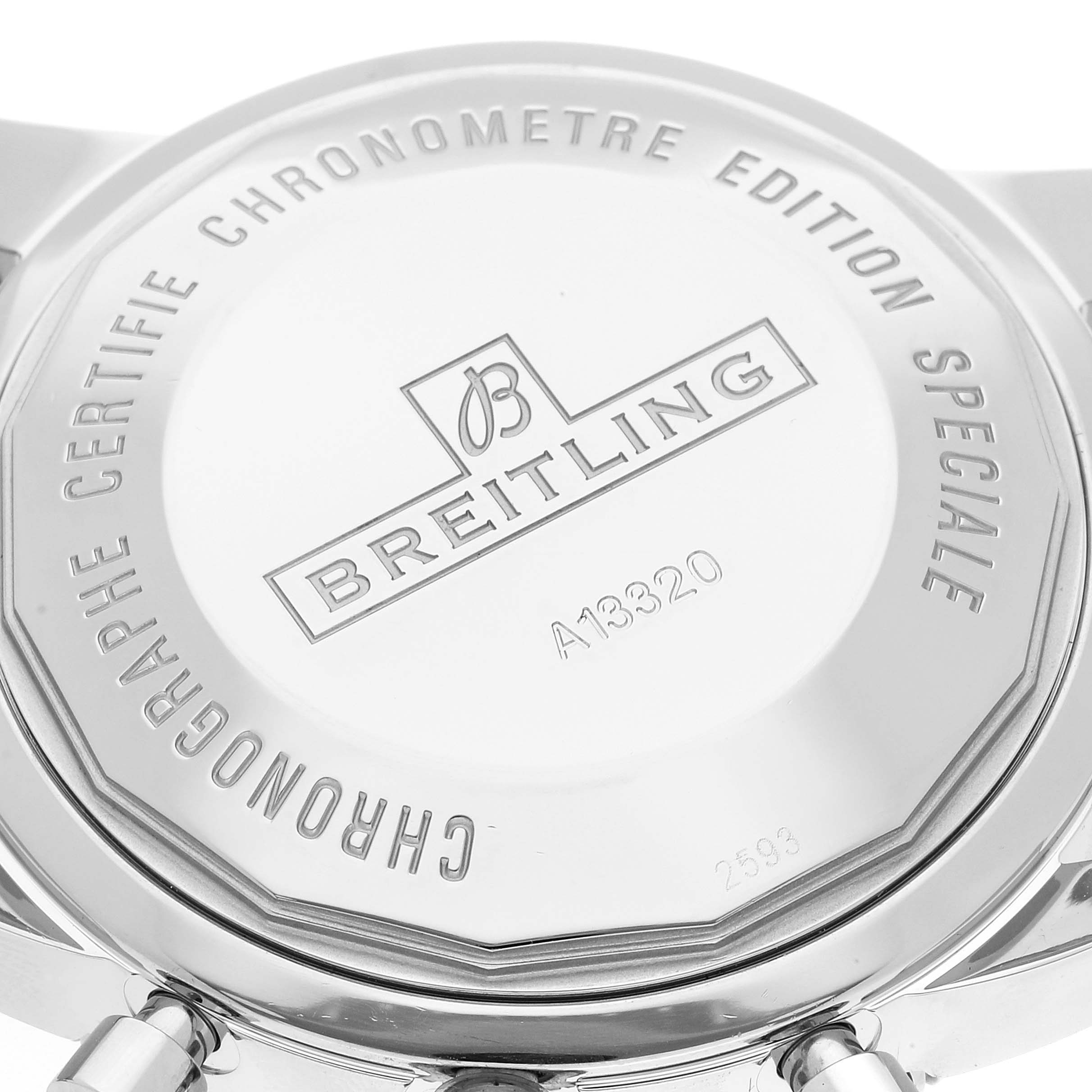 The image shows the back case of a Breitling Superocean A13320 Men's Stainless Steel Black Dial A13320 Men's Stainless Steel Black Dial watch, highlighting its model number and engraved branding.