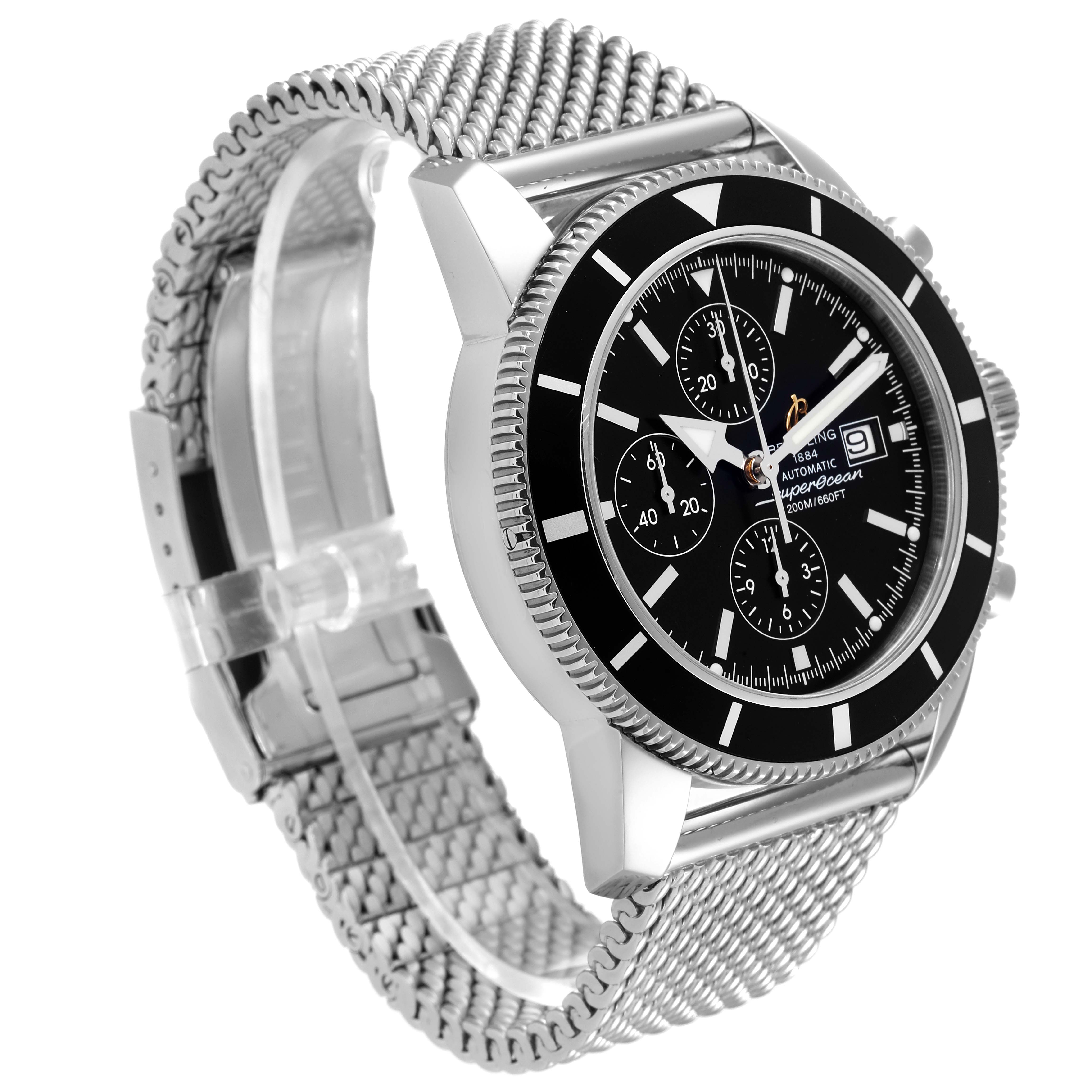 The Breitling Superocean A13320 Men's Stainless Steel Black Dial A13320 Men's Stainless Steel Black Dial watch is shown at an angle highlighting the face, bezel, and metal mesh strap.