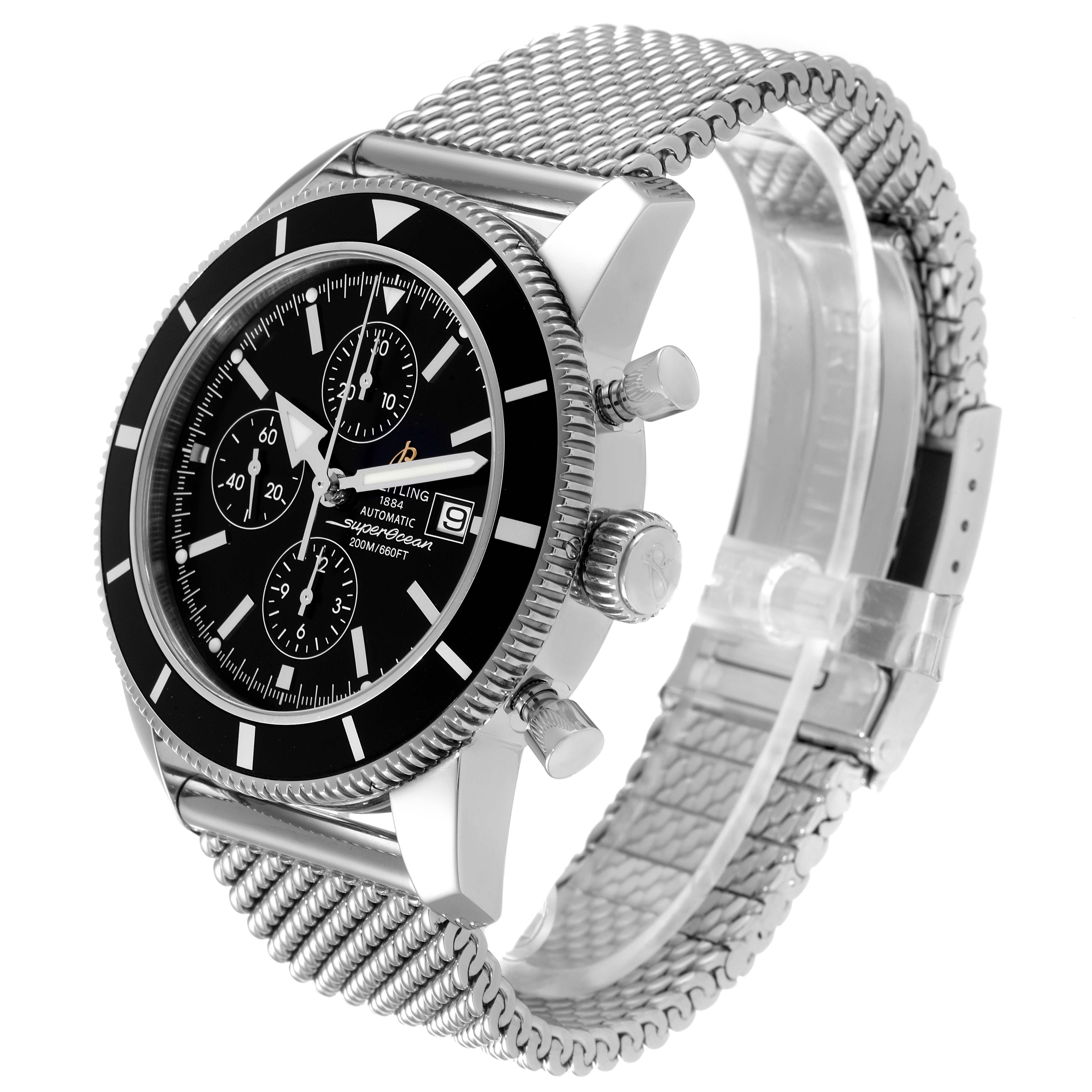 The Breitling Superocean A13320 Men's Stainless Steel Black Dial A13320 Men's Stainless Steel Black Dial watch is shown at a three-quarter angle, highlighting its mesh strap, chronograph dial, and side buttons.