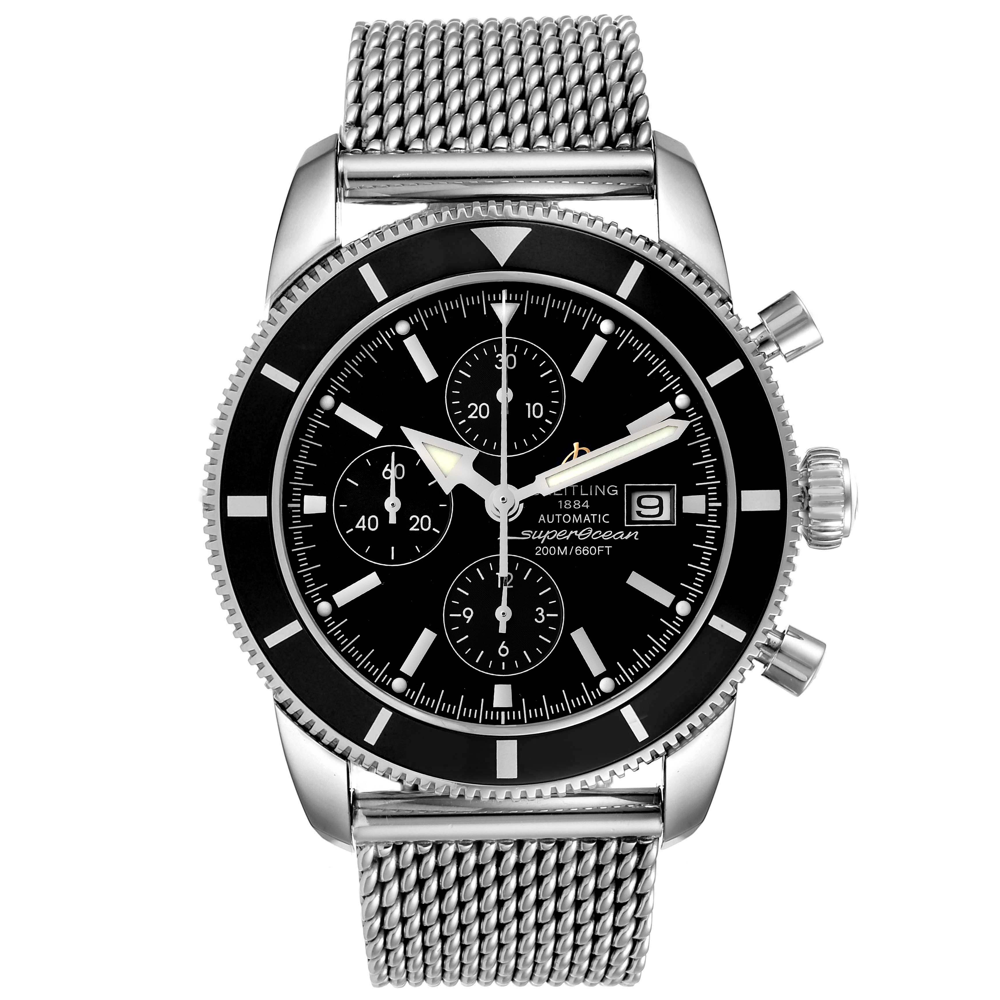 The image shows a front view of a Breitling Superocean A13320 Men's Stainless Steel Black Dial A13320 Men's Stainless Steel Black Dial watch, highlighting its face, bezel, crown, and mesh bracelet.