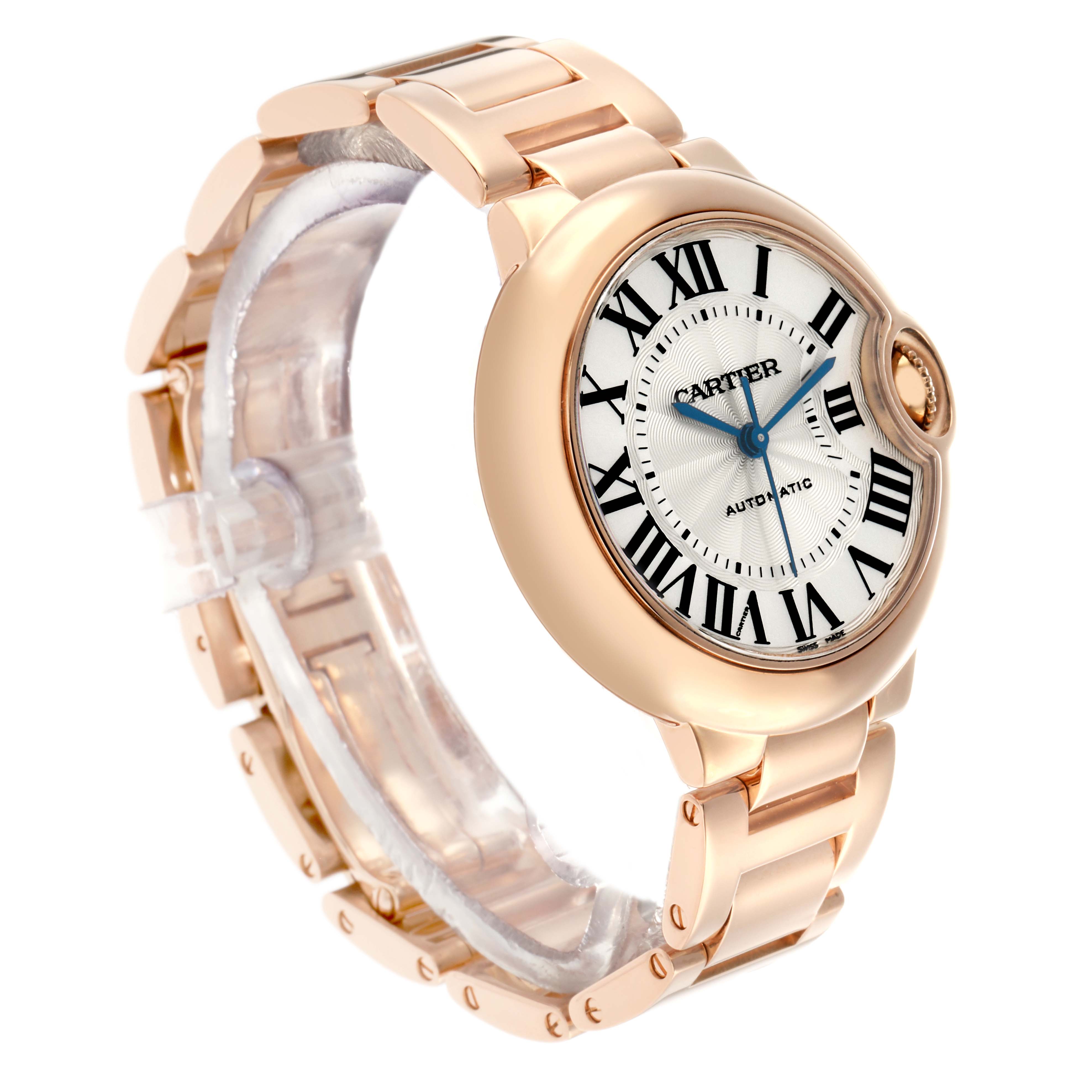 The Cartier Ballon Bleu W6920096 Women
s Rose Gold Silver Dial watch is shown at an angled side view, highlighting the bracelet, case, and crown.
