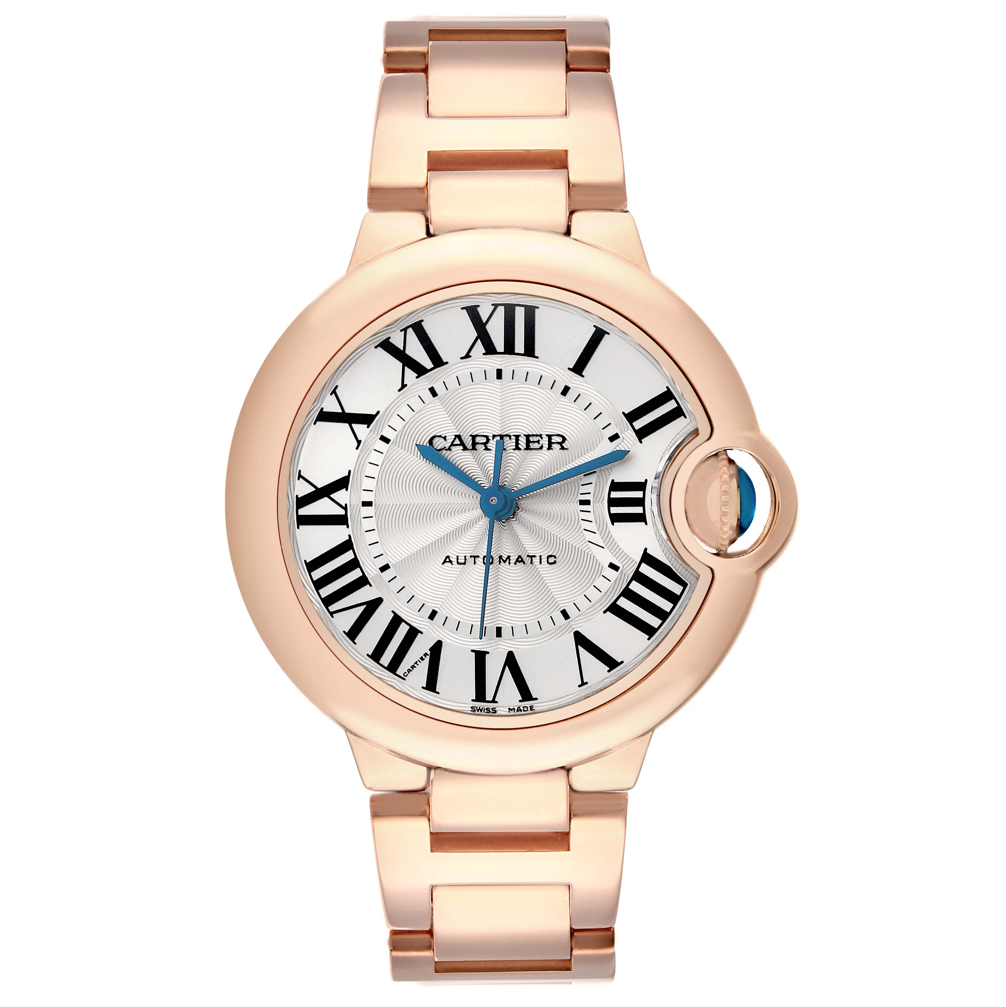 The Cartier Ballon Bleu W6920096 Women
s Rose Gold Silver Dial watch is shown from the front, displaying its face and bracelet.