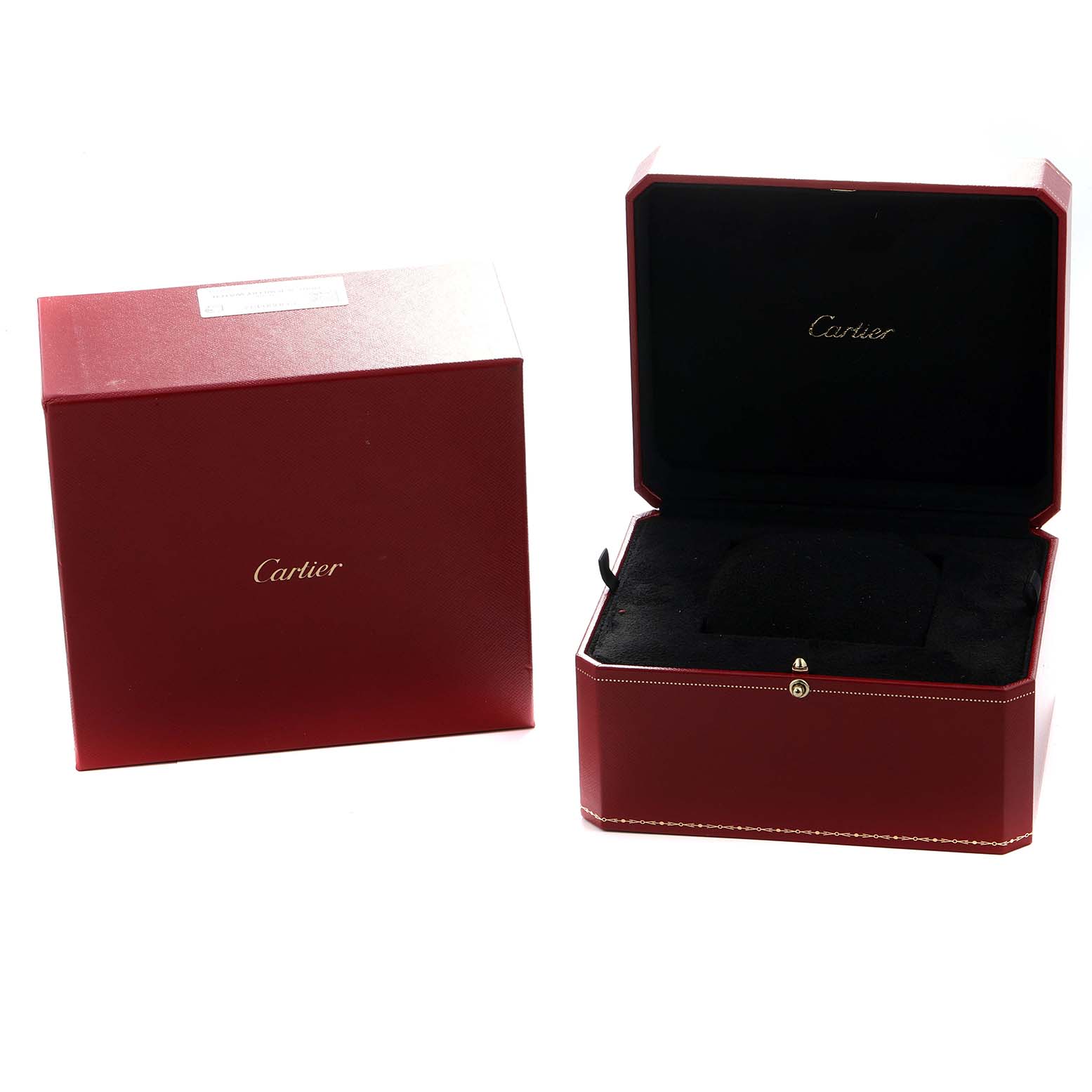 The image shows a Cartier Ballon Bleu W6920096 Women
s Rose Gold Silver Dial watch box and its open case from a front angle, highlighting the logo inside.