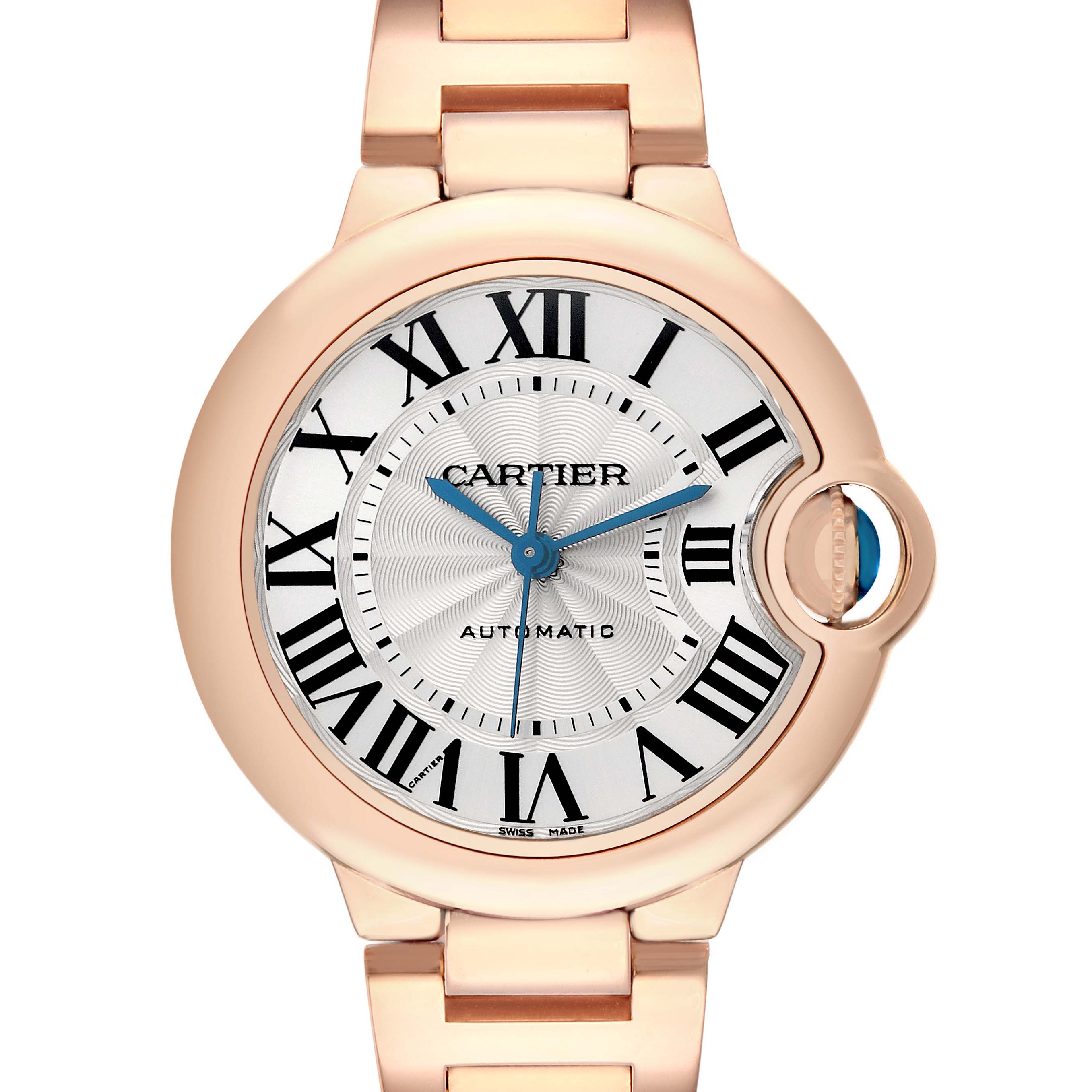 The Cartier Ballon Bleu W6920096 Women
s Rose Gold Silver Dial watch is shown from a frontal angle, highlighting its Roman numeral dial and blue sword-shaped hands.