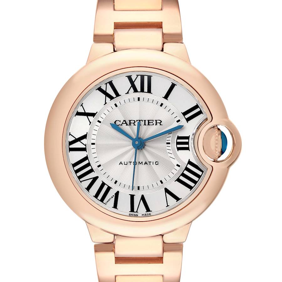 The Cartier Ballon Bleu W6920096 Women's Rose Gold Silver Dial watch is shown from a frontal angle, highlighting its Roman numeral dial and blue sword-shaped hands.