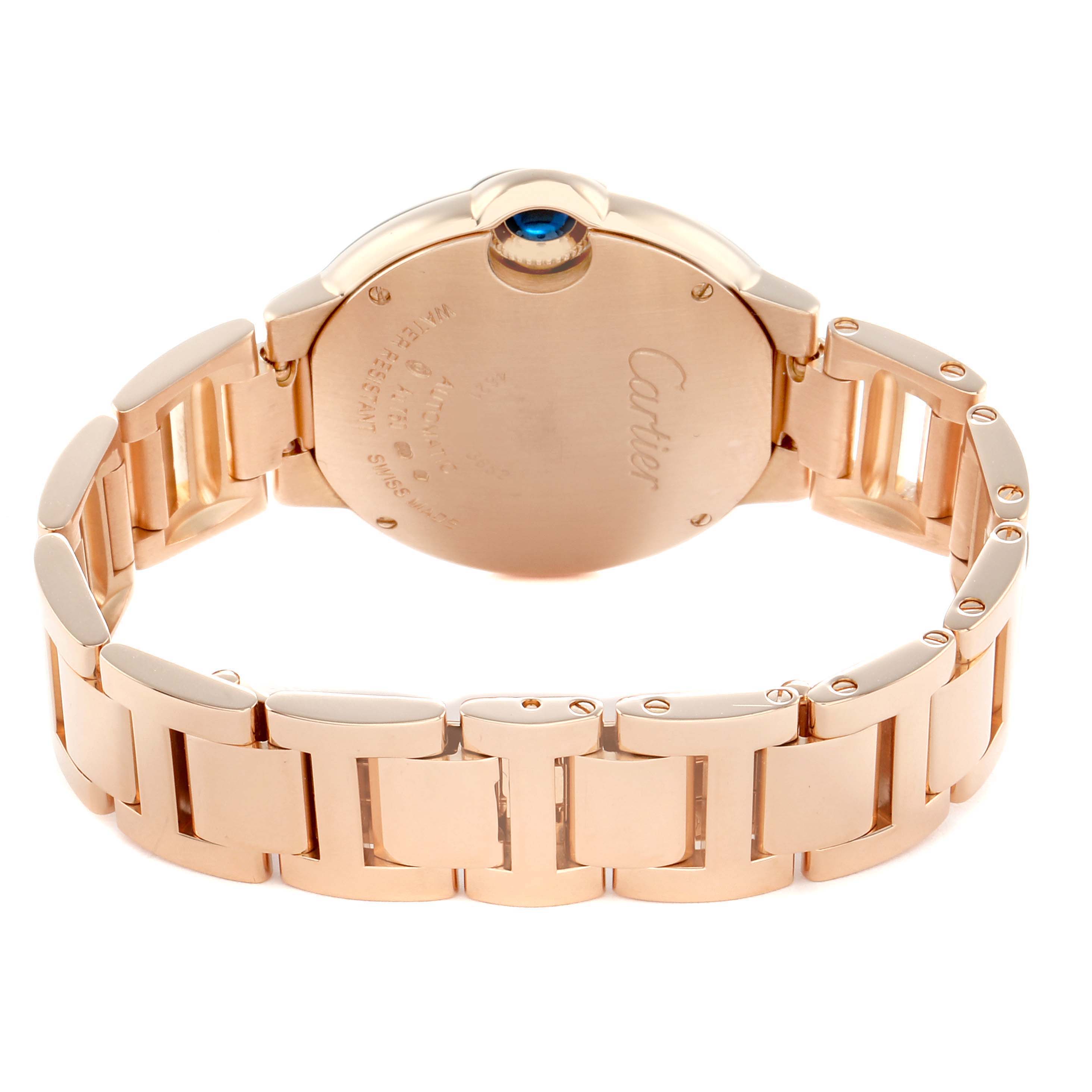 The image shows the back and bracelet of a Cartier Ballon Bleu W6920096 Women
s Rose Gold Silver Dial watch, highlighting its clasp and case.