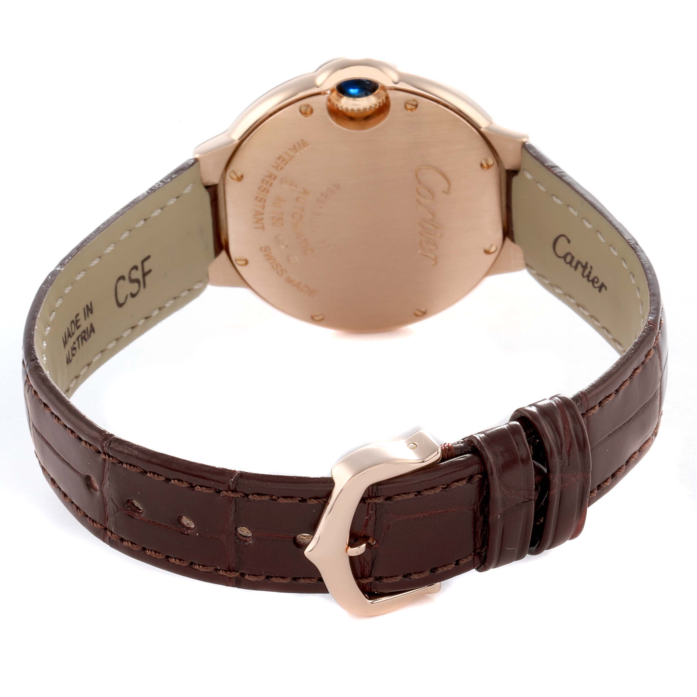 This image shows the back case and strap of the Cartier Ballon Bleu W6920097 Women's Rose Gold Silver Dial watch, with a focus on the clasp and leather band.