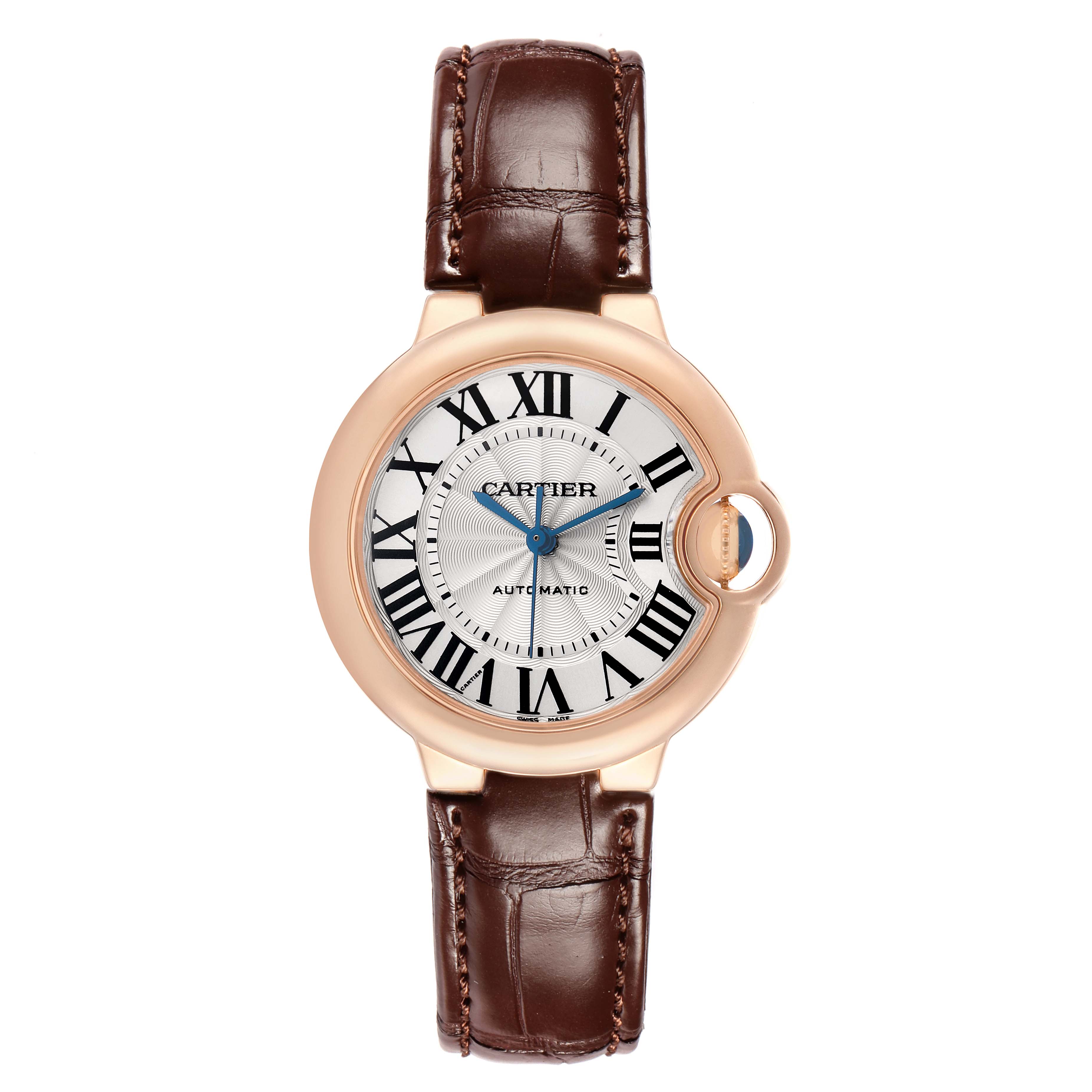 The Cartier Ballon Bleu W6920097 Women's Rose Gold Silver Dial watch is shown from a top-down angle, highlighting the dial, case, and leather strap.