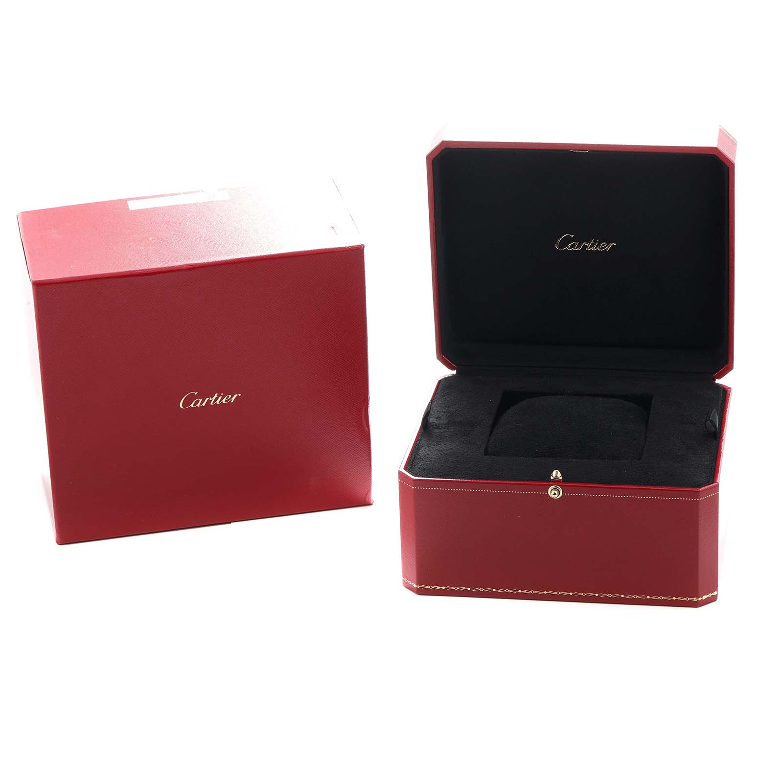 The image shows Cartier Ballon Bleu W6920097 Women's Rose Gold Silver Dial watch boxes at an angle, featuring an outer box and an opened inner box with a cushion.