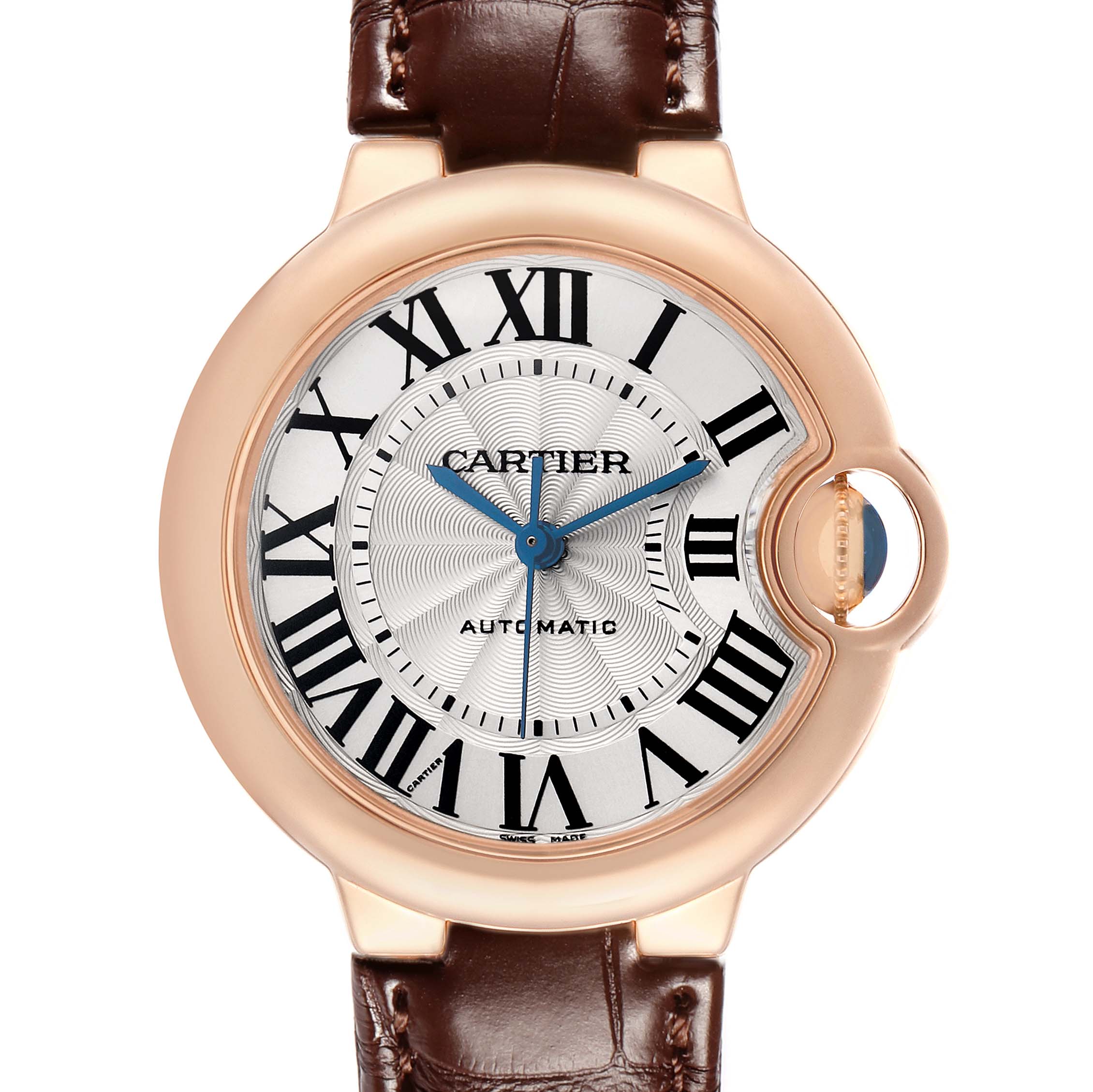 The Cartier Ballon Bleu W6920097 Women's Rose Gold Silver Dial watch is shown from the front, featuring Roman numerals, blue hands, and a brown leather strap.