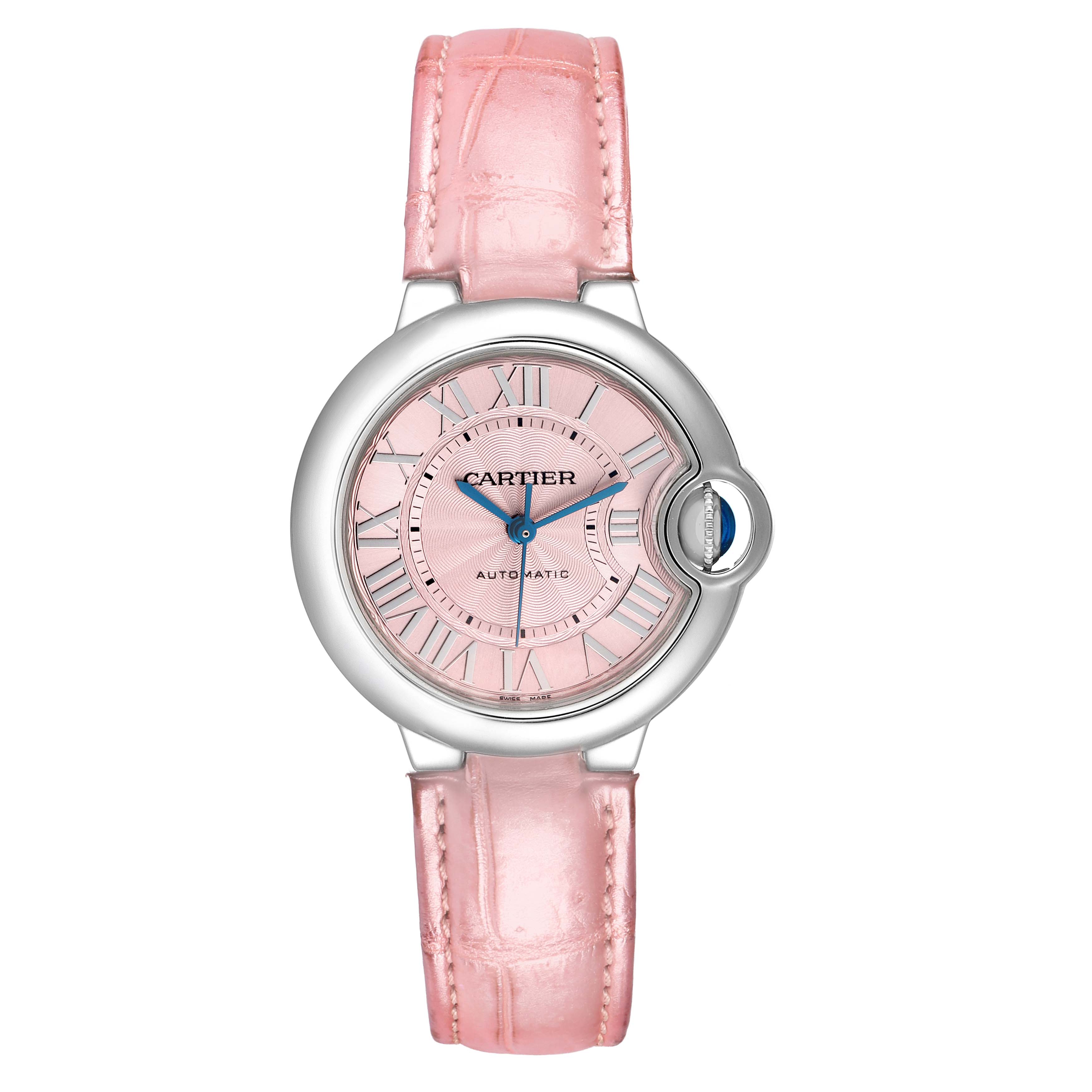The Cartier Ballon Bleu WSBB0002 Women
s Stainless Steel Pink Dial watch is shown from the front, displaying its pink dial, Roman numerals, and pink strap.