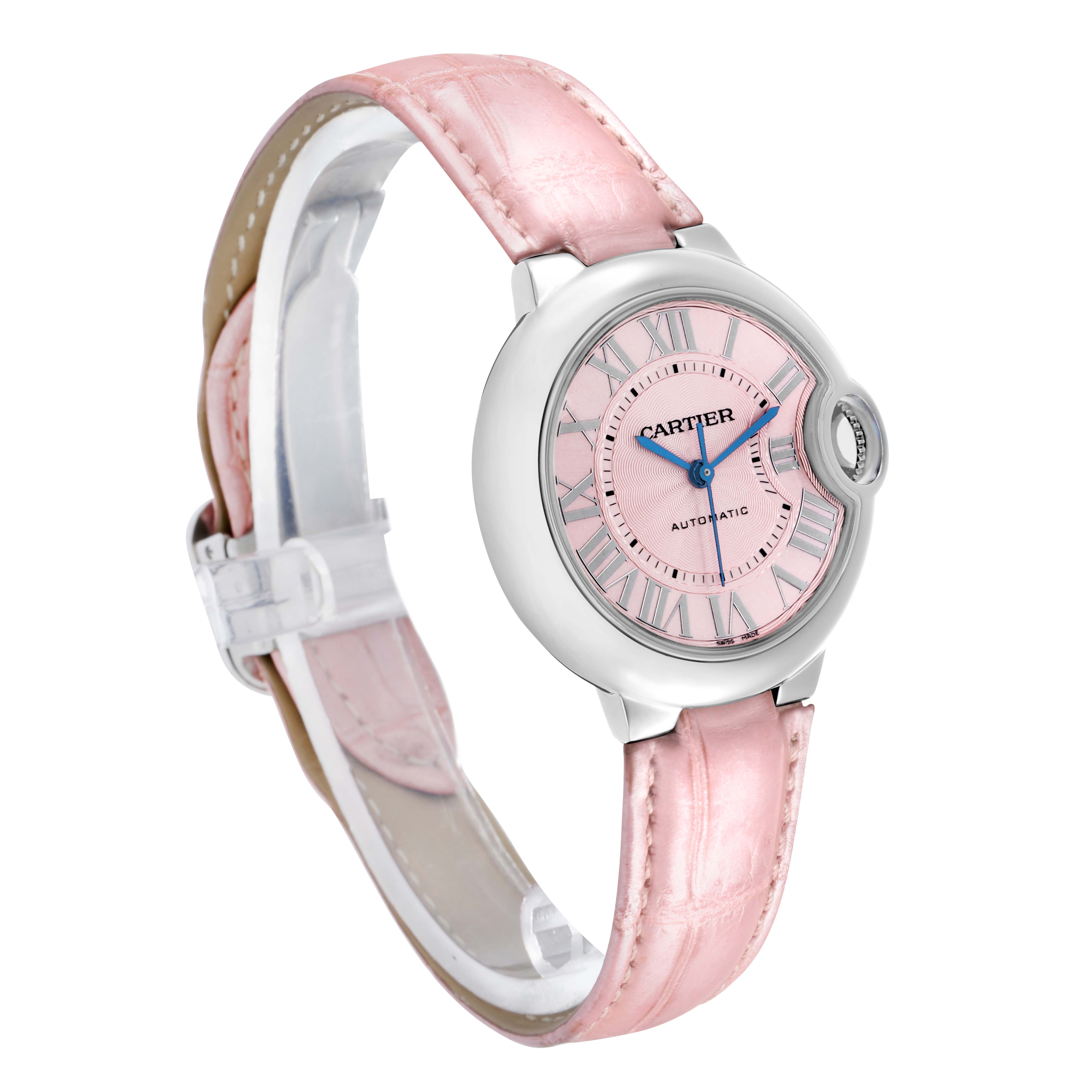 The Cartier Ballon Bleu WSBB0002 Women
s Stainless Steel Pink Dial watch is shown at a slight angle, highlighting its pink dial, Roman numerals, and pink leather strap.