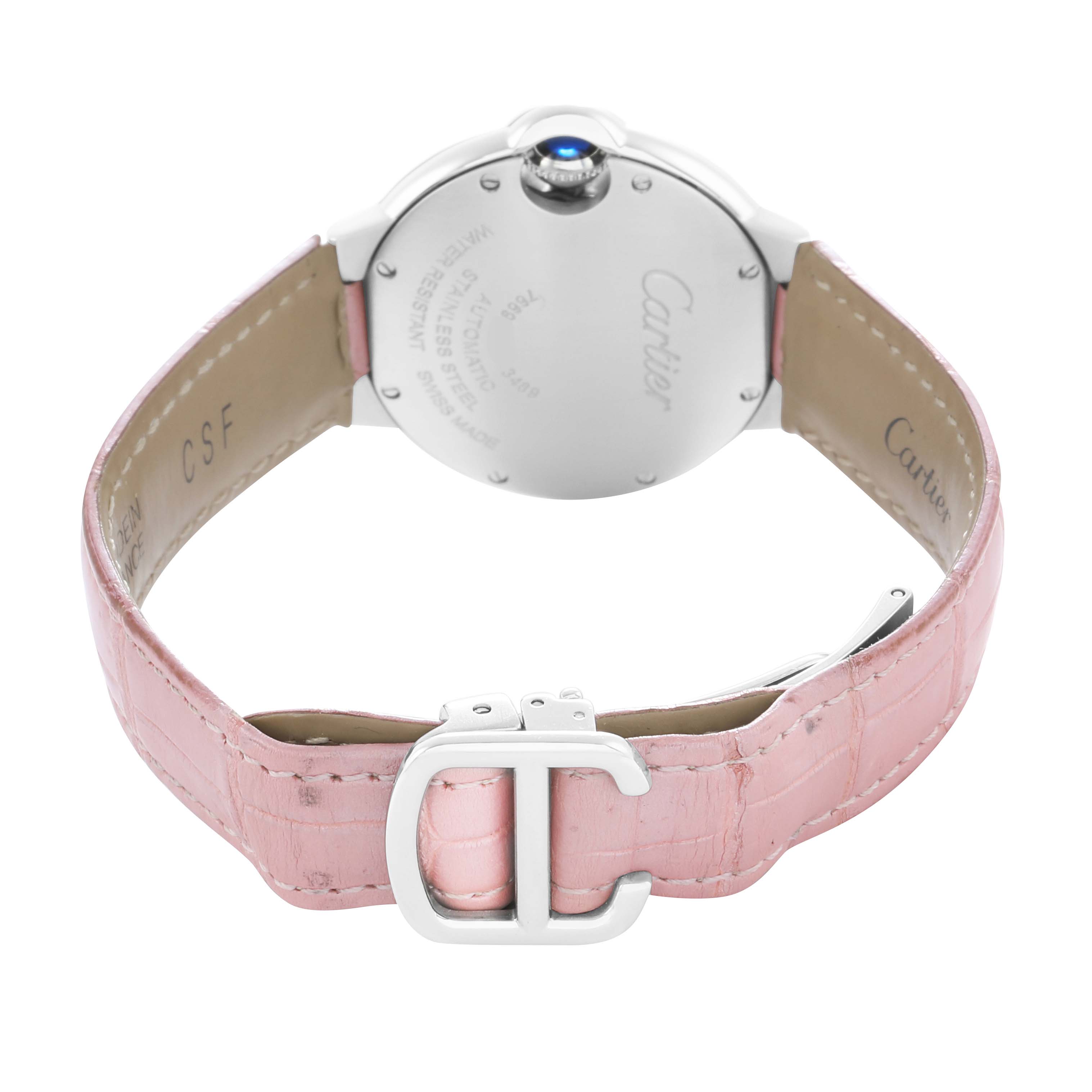 The Cartier Ballon Bleu WSBB0002 Women
s Stainless Steel Pink Dial watch is shown from the back, highlighting its pink strap, buckle, and case back details.