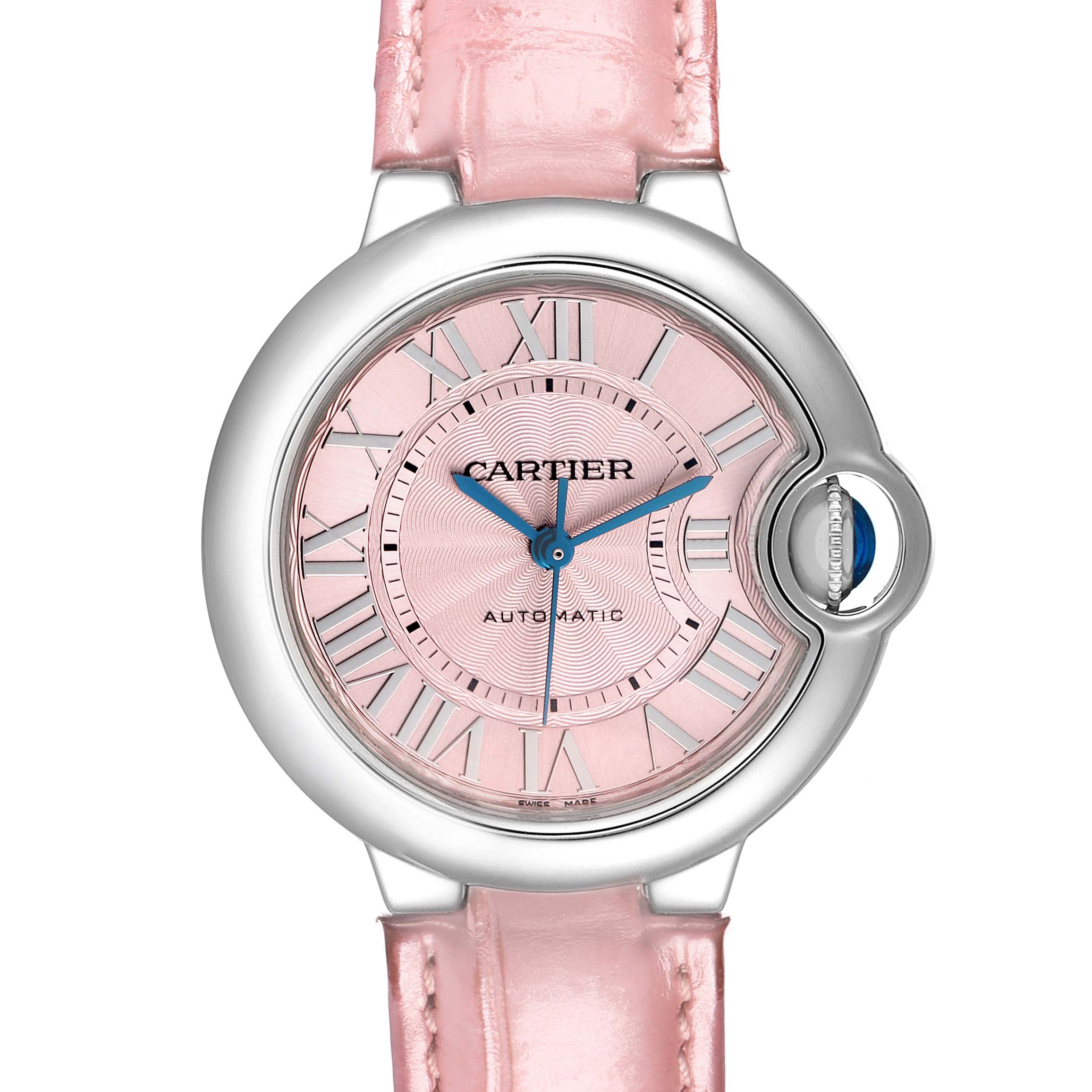 The Cartier Ballon Bleu WSBB0002 Women
s Stainless Steel Pink Dial watch is shown from a direct front angle, highlighting its pink dial, Roman numerals, and pink strap.