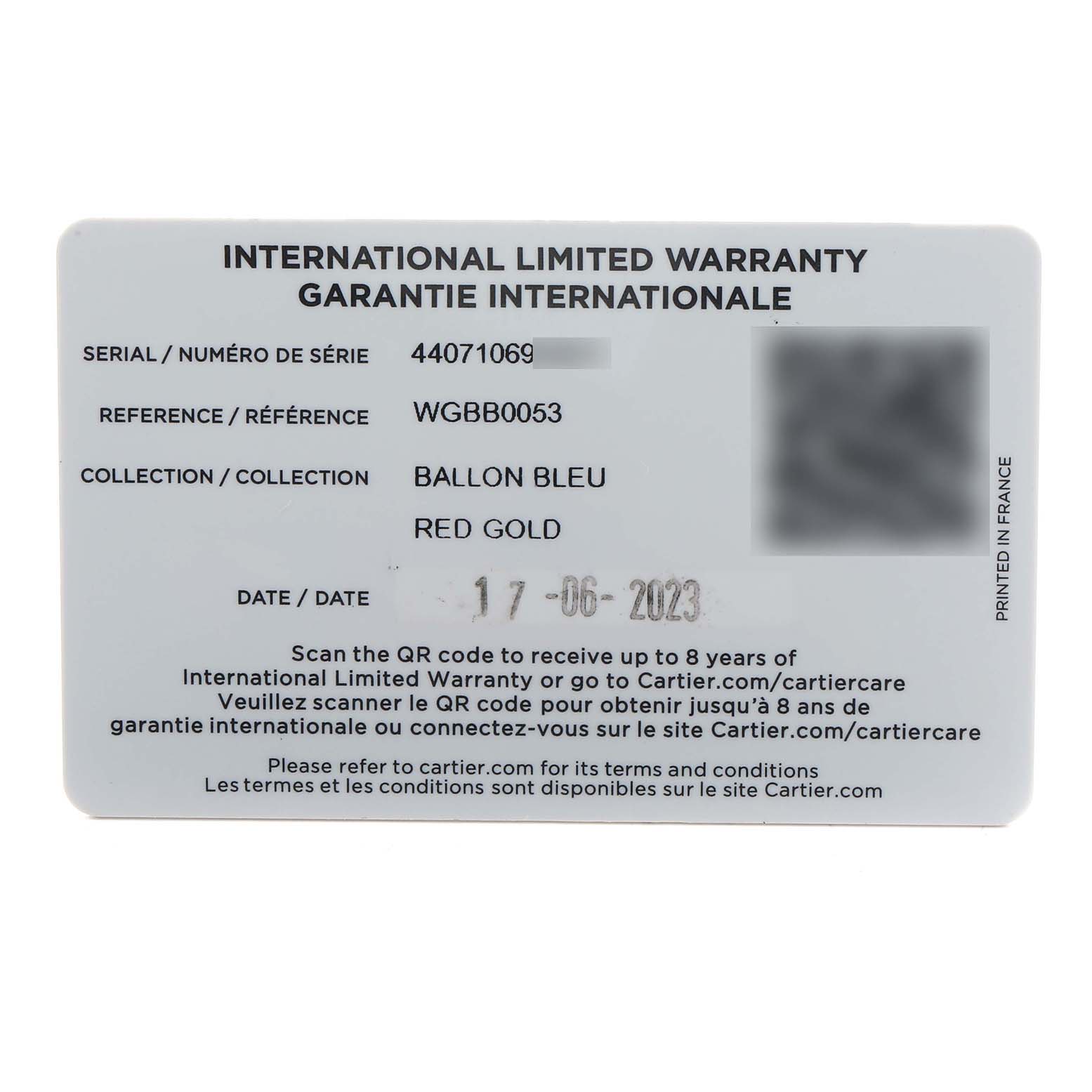 The image shows an International Limited Warranty card for a Cartier Ballon Bleu WGBB0053 Men's Rose Gold Silver Dial watch, providing serial and reference details.