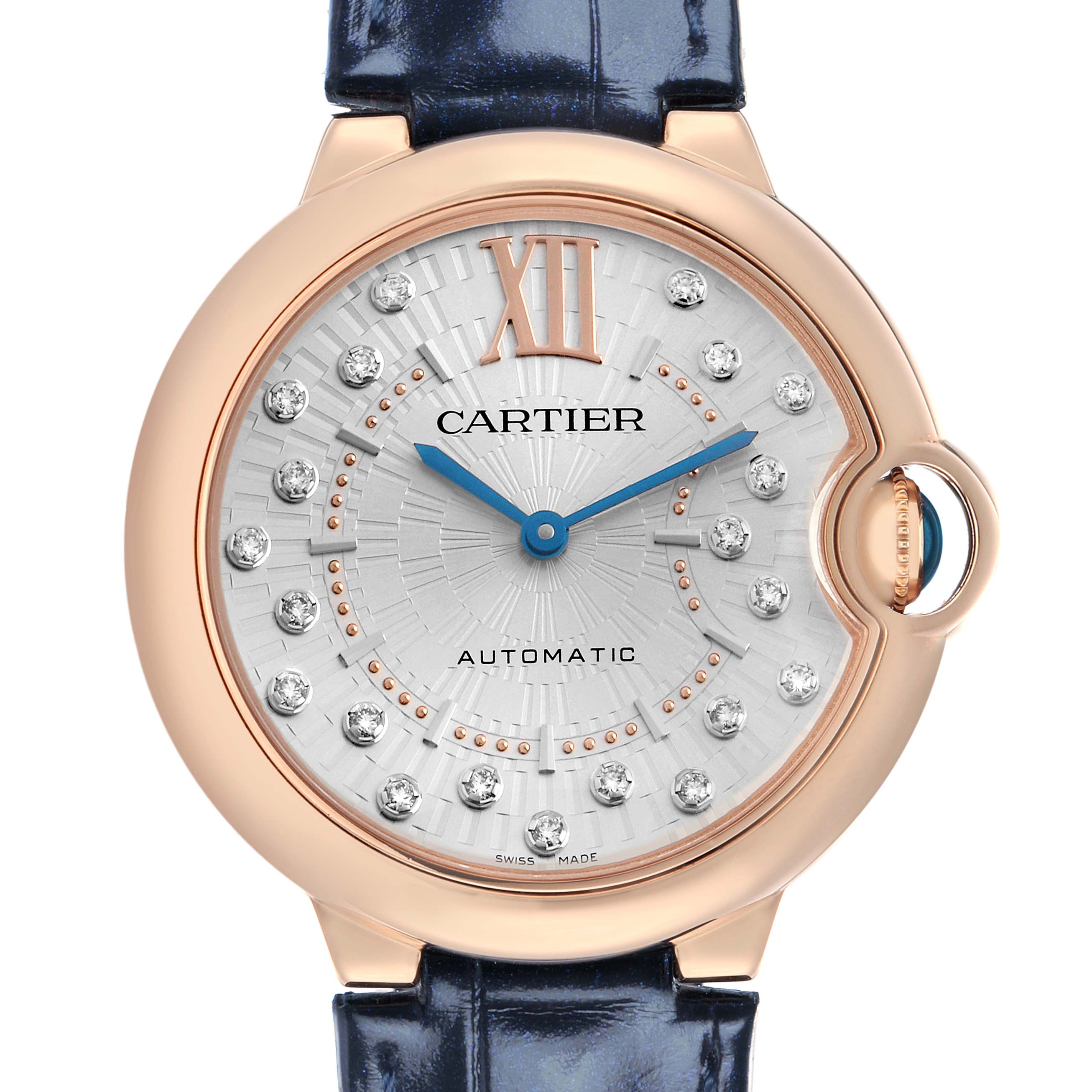The Cartier Ballon Bleu WGBB0053 Men's Rose Gold Silver Dial watch is shown from the front, displaying the dial, hands, case, and crown.