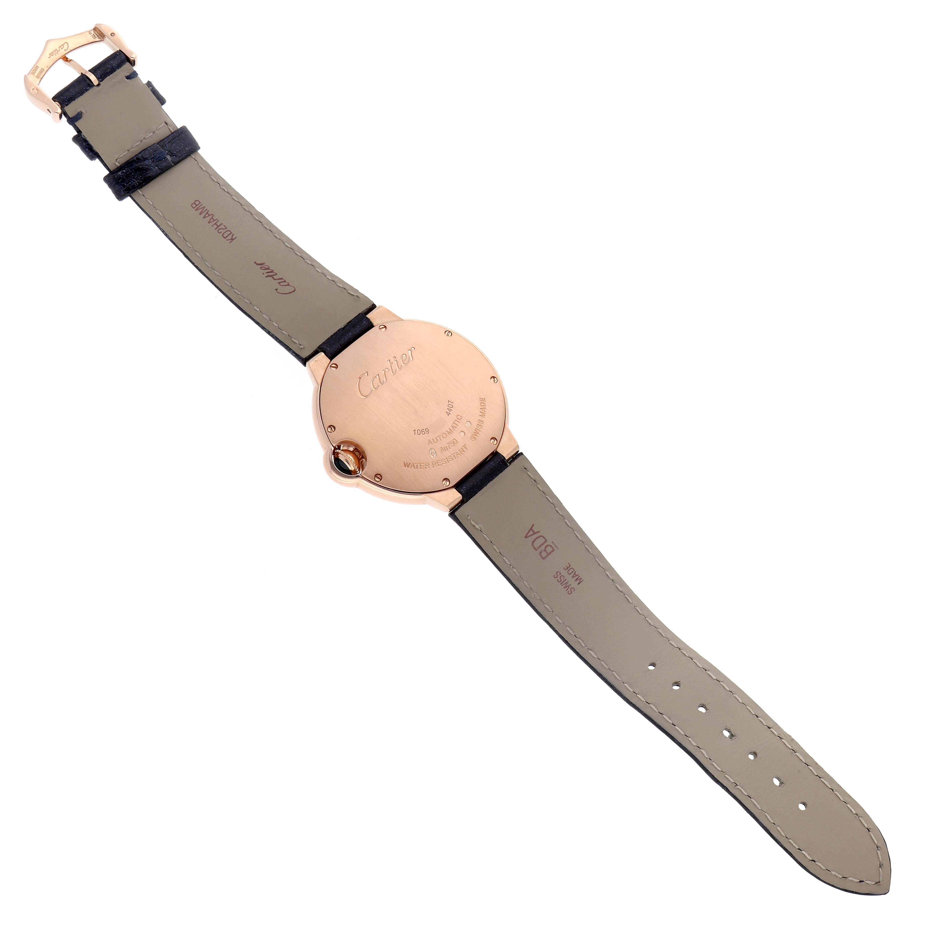 The image shows the back of a Cartier Ballon Bleu WGBB0053 Men's Rose Gold Silver Dial watch, including the case back and leather strap.