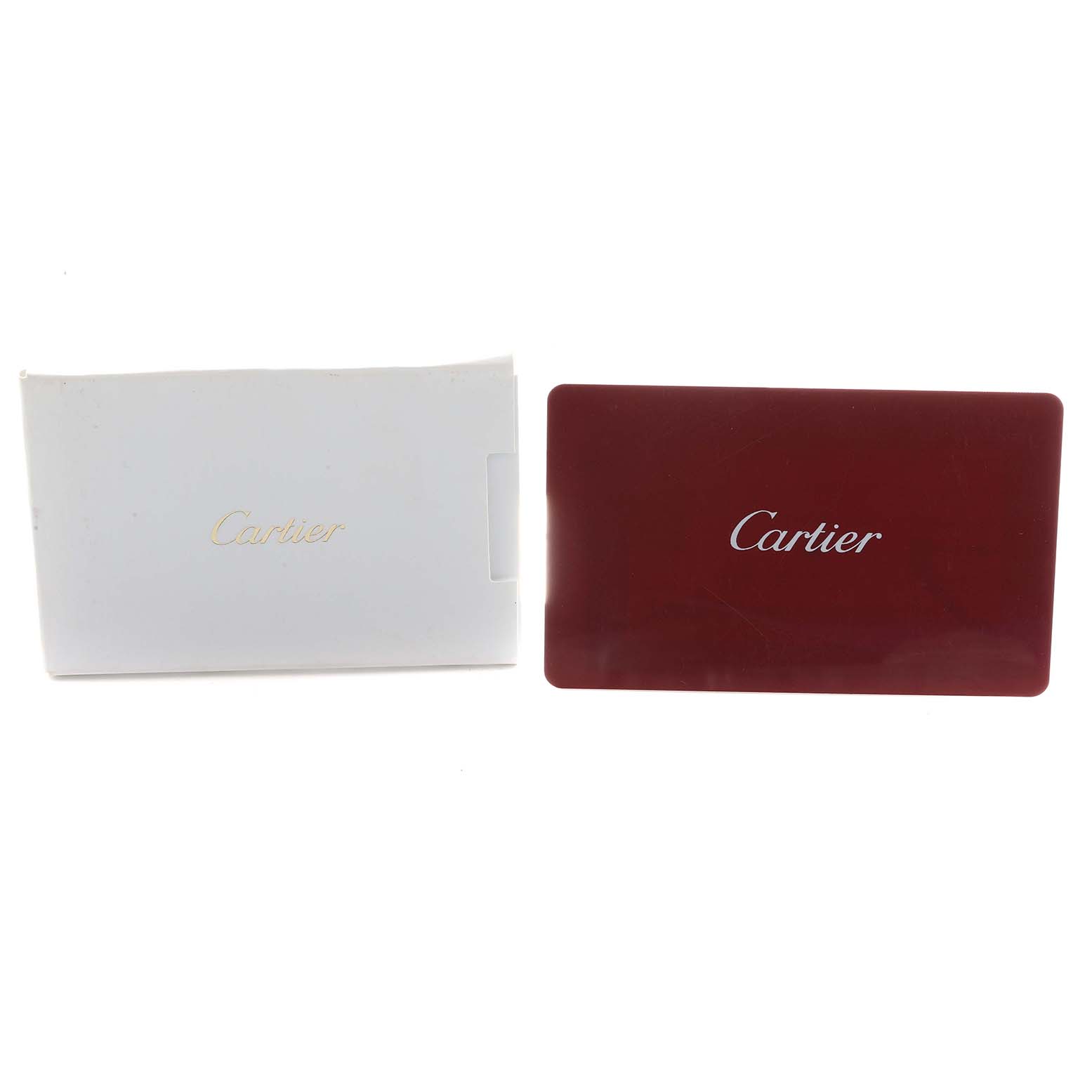 The image shows a Cartier Ballon Bleu WGBB0053 Men's Rose Gold Silver Dial watch accessory, including a white card sleeve and a red card, both with the Cartier logo.