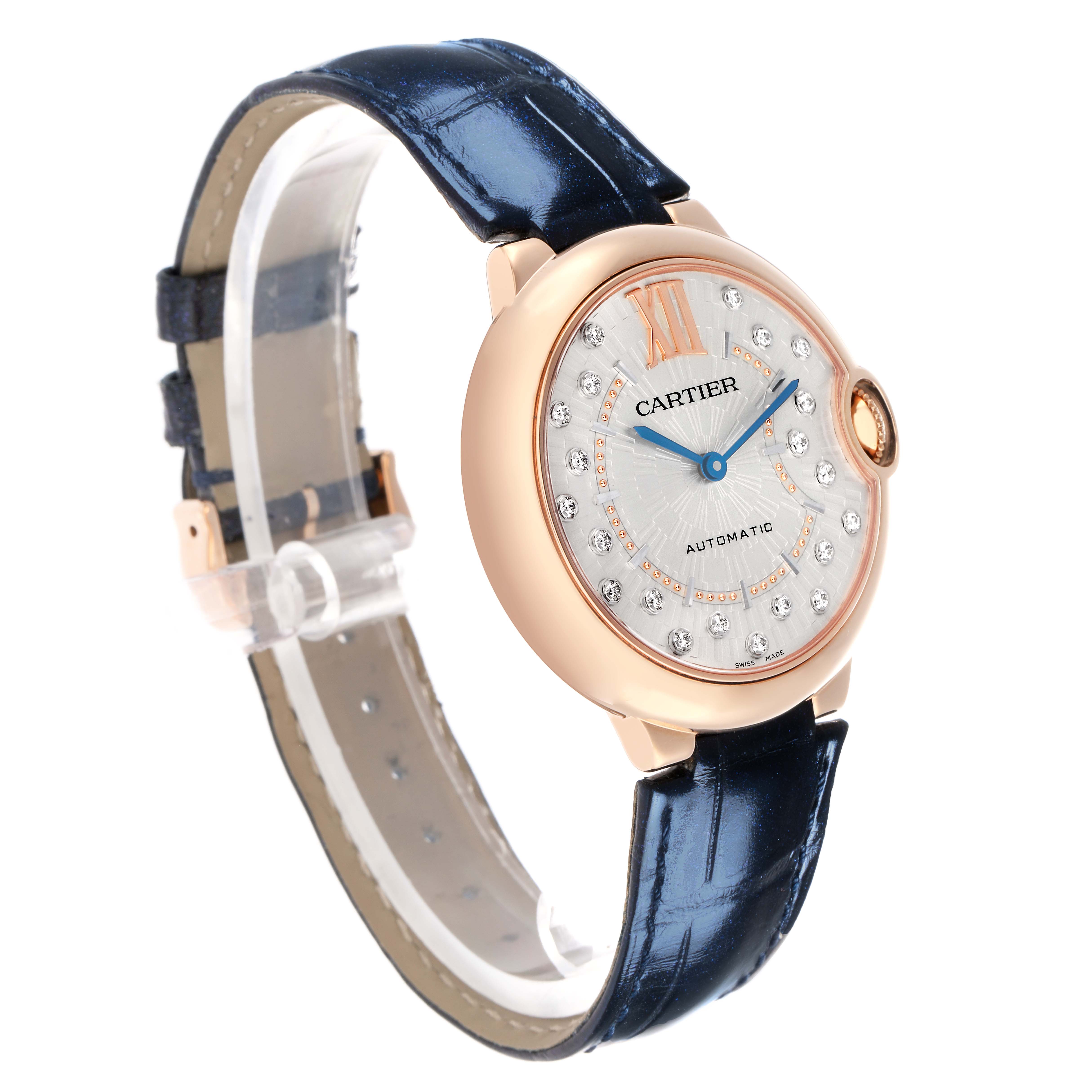 The Cartier Ballon Bleu WGBB0053 Men's Rose Gold Silver Dial watch is shown at a three-quarter angle, highlighting the dial, case, crown, and strap.
