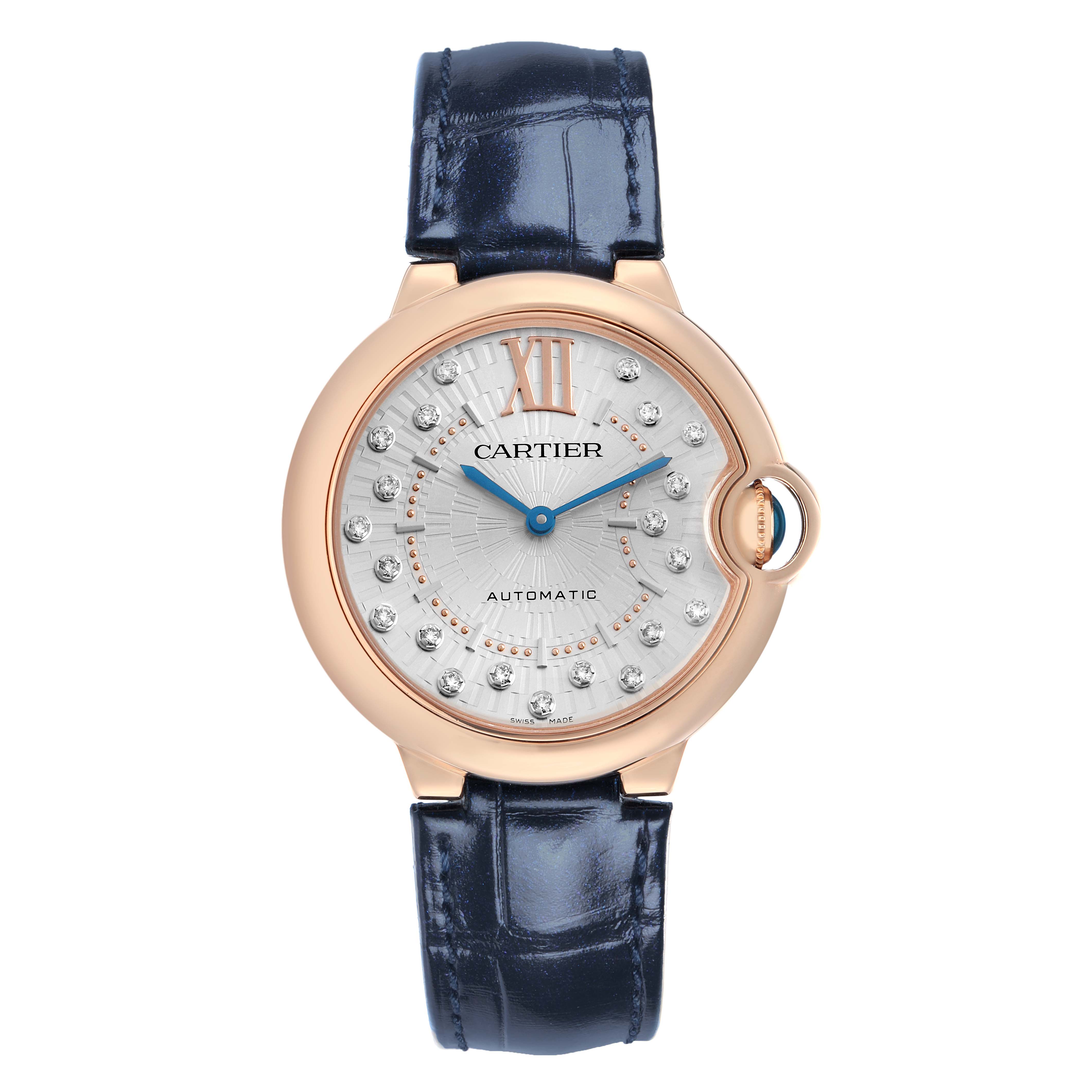 The Cartier Ballon Bleu WGBB0053 Men's Rose Gold Silver Dial watch is shown from the front, featuring its dial, blue hands, and leather strap.
