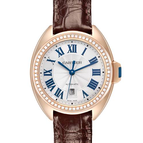 The image shows a frontal view of the Cartier Clé watch, displaying its dial, bezel, hands, and leather strap.