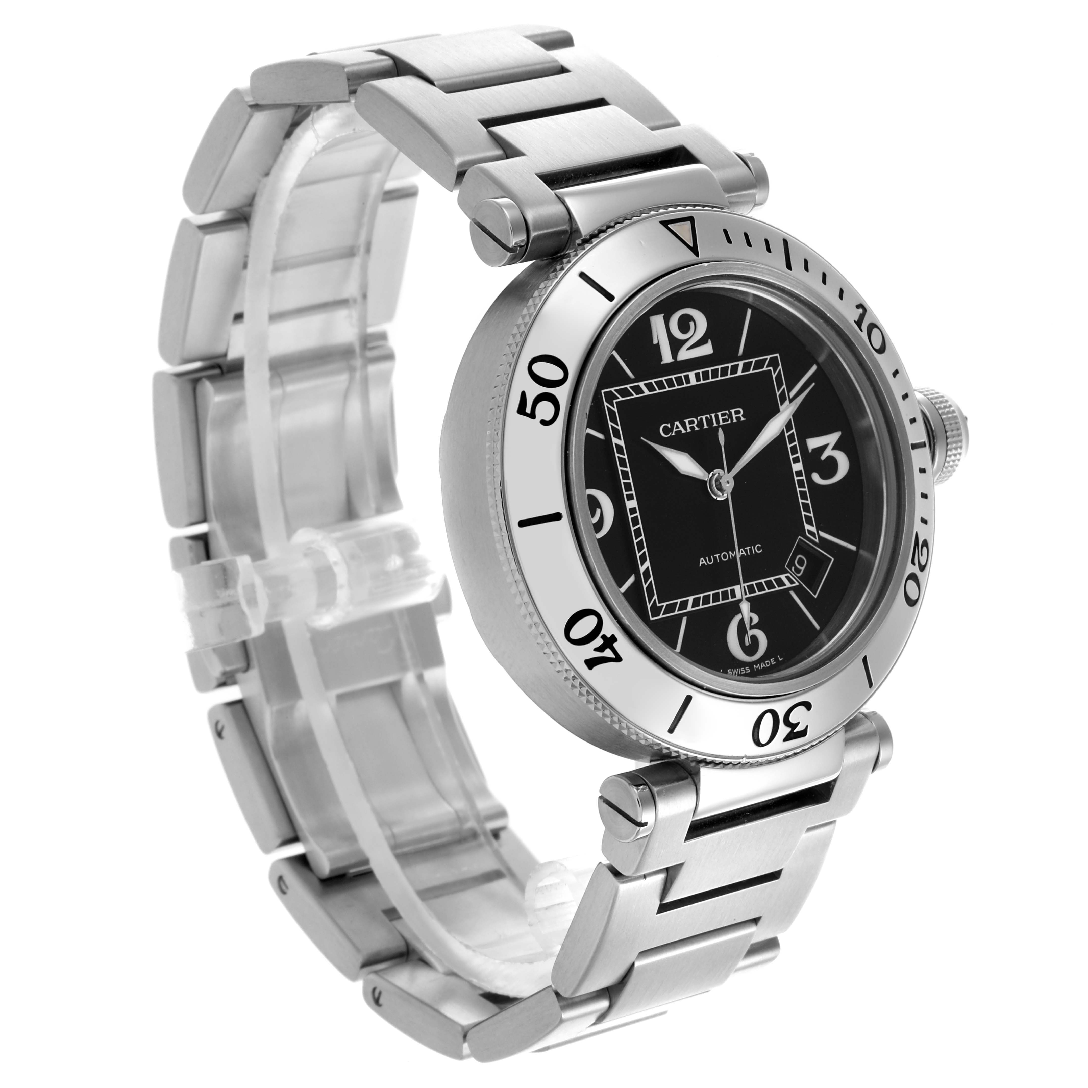 The Cartier Pasha W31077M7 Men's Stainless Steel Black Dial W31077M7 Men's Stainless Steel Black Dial watch is shown at an angled side view, highlighting its bezel, face, and metal bracelet.