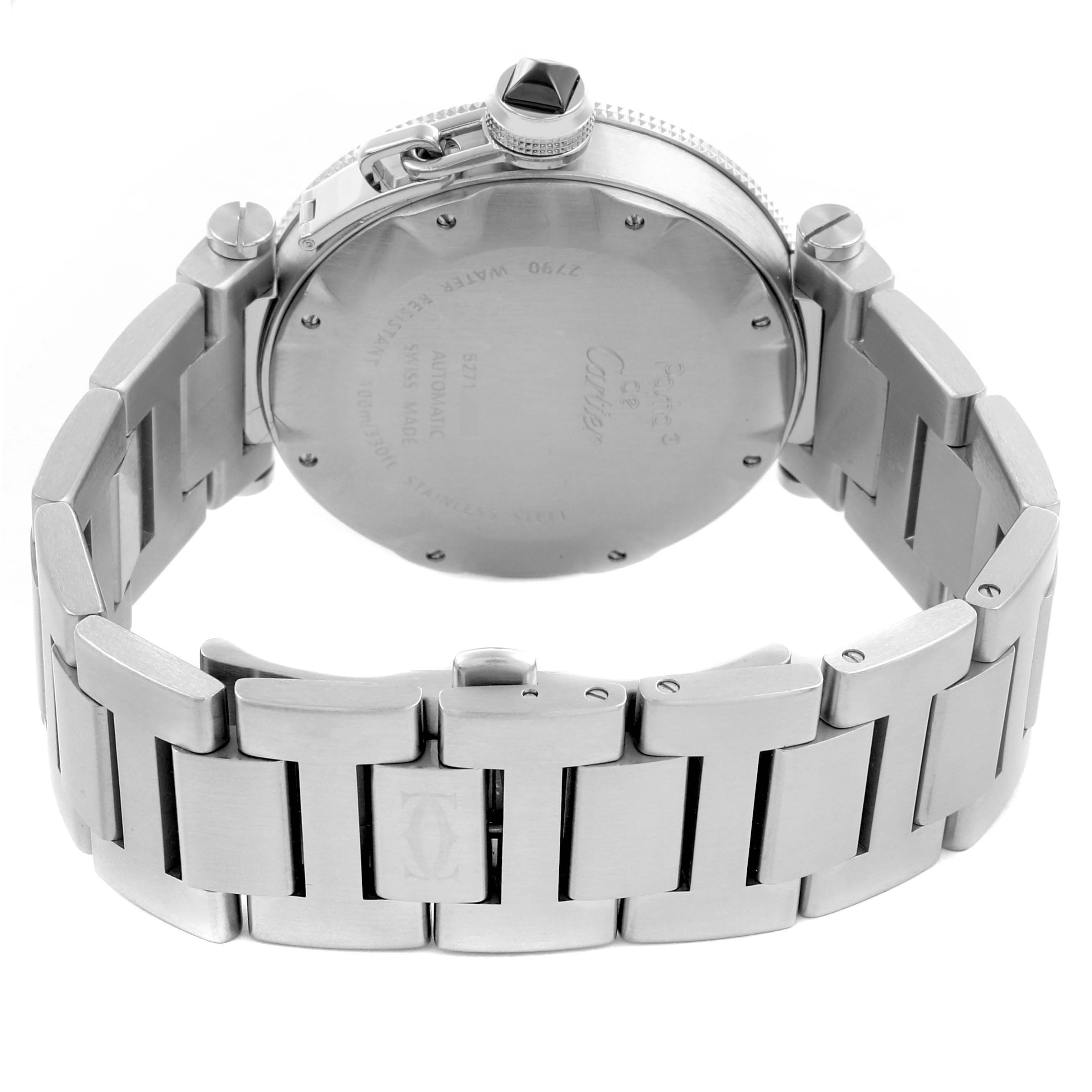 The Cartier Pasha W31077M7 Men's Stainless Steel Black Dial W31077M7 Men's Stainless Steel Black Dial watch is shown from the back, featuring the case back, bracelet, and crown.