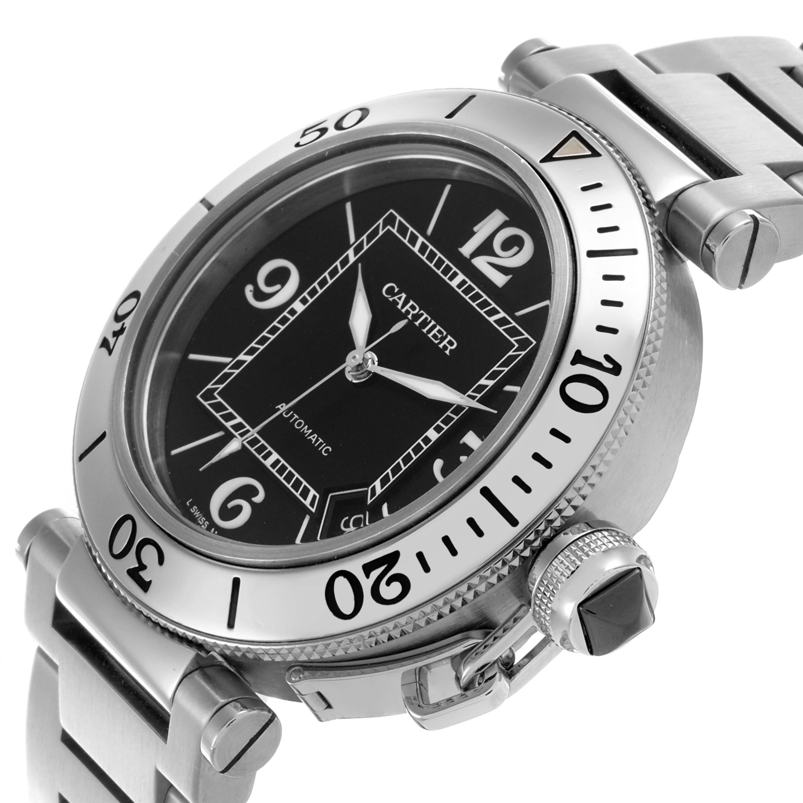 The Cartier Pasha W31077M7 Men's Stainless Steel Black Dial W31077M7 Men's Stainless Steel Black Dial watch is shown at an angled view, highlighting the dial, bezel, crown, and part of the bracelet.