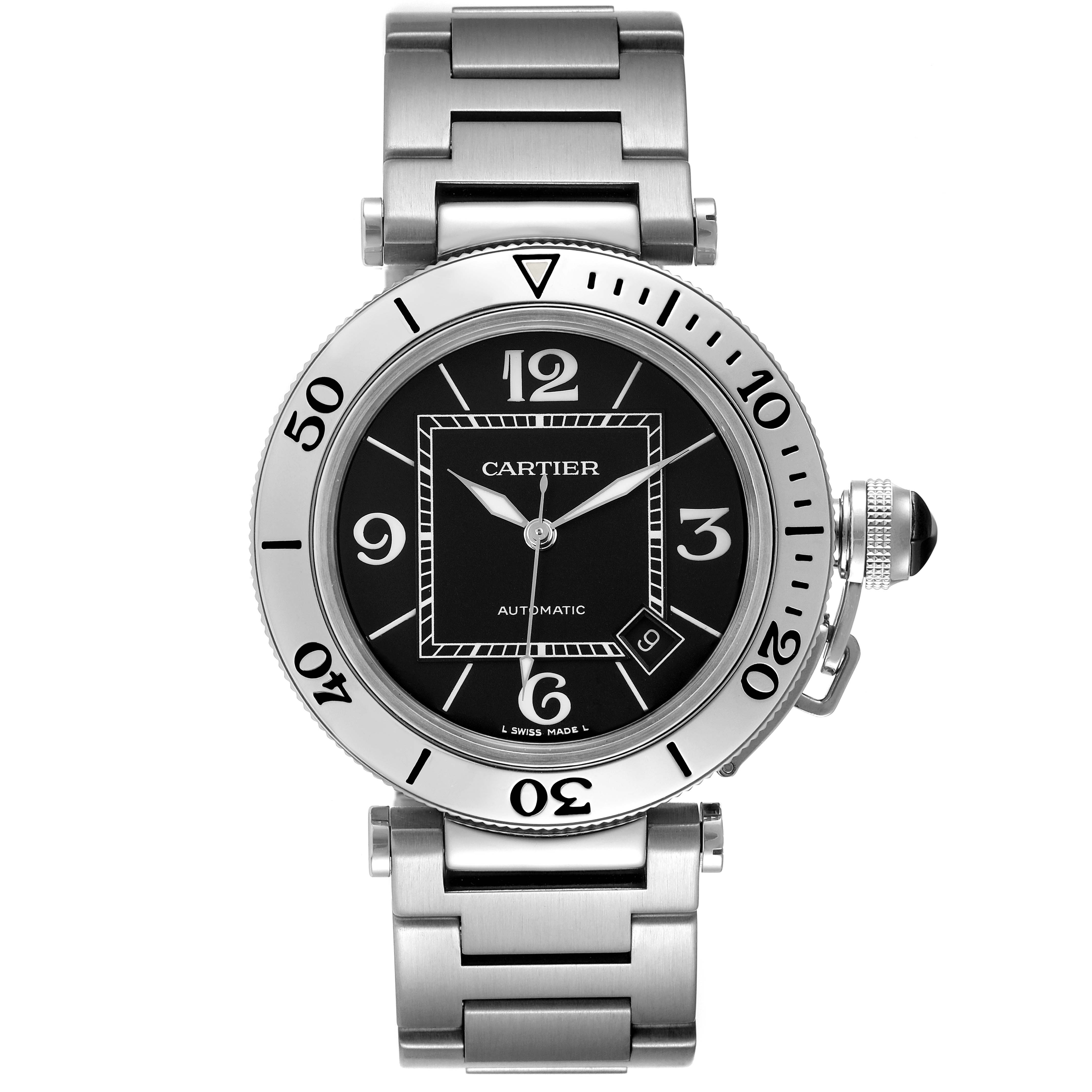 The image shows a Cartier Pasha W31077M7 Men's Stainless Steel Black Dial W31077M7 Men's Stainless Steel Black Dial watch from a front angle, displaying the face, bezel, and part of the bracelet.