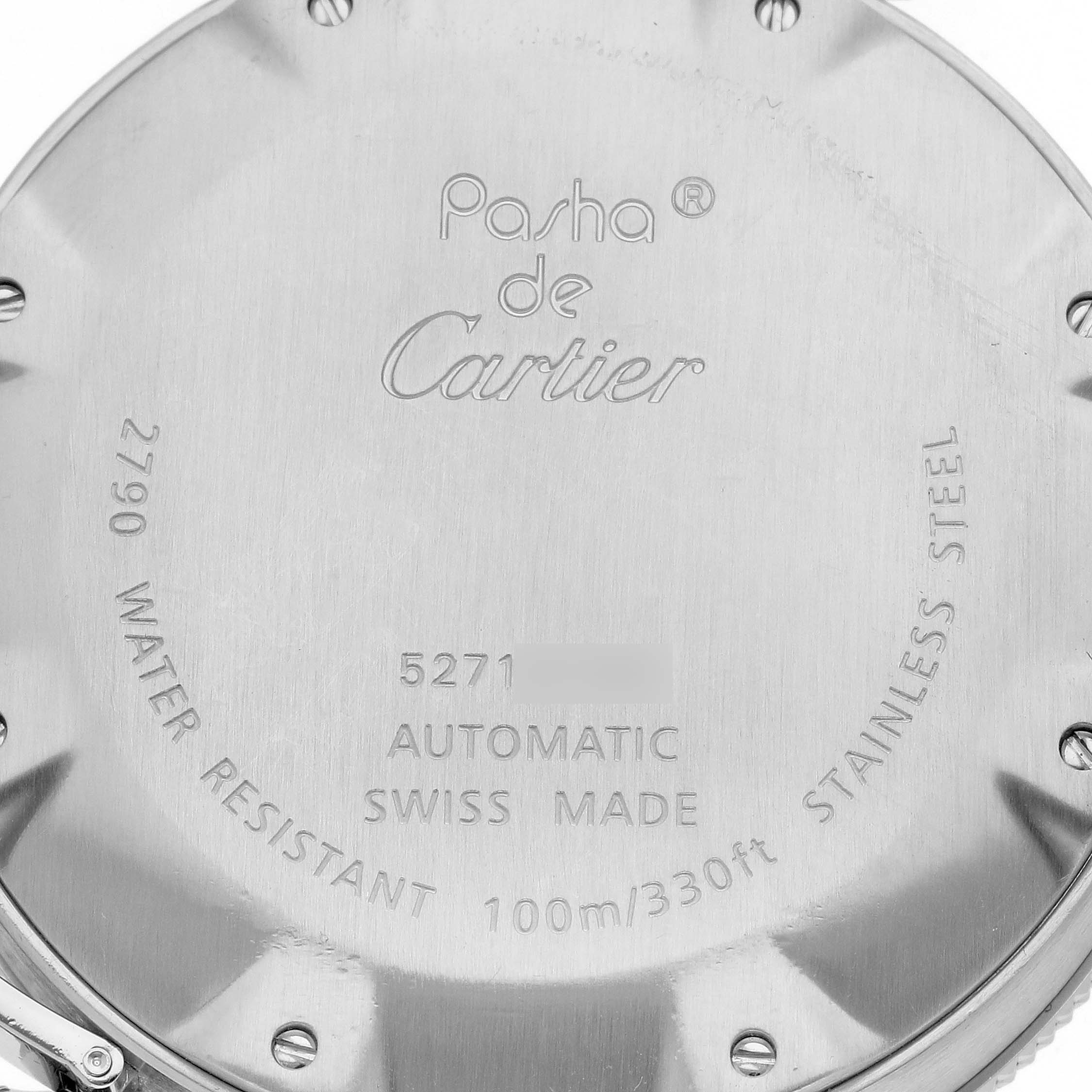 The image shows the back case of a Cartier Pasha W31077M7 Men's Stainless Steel Black Dial W31077M7 Men's Stainless Steel Black Dial watch, highlighting engravings and water resistance details.