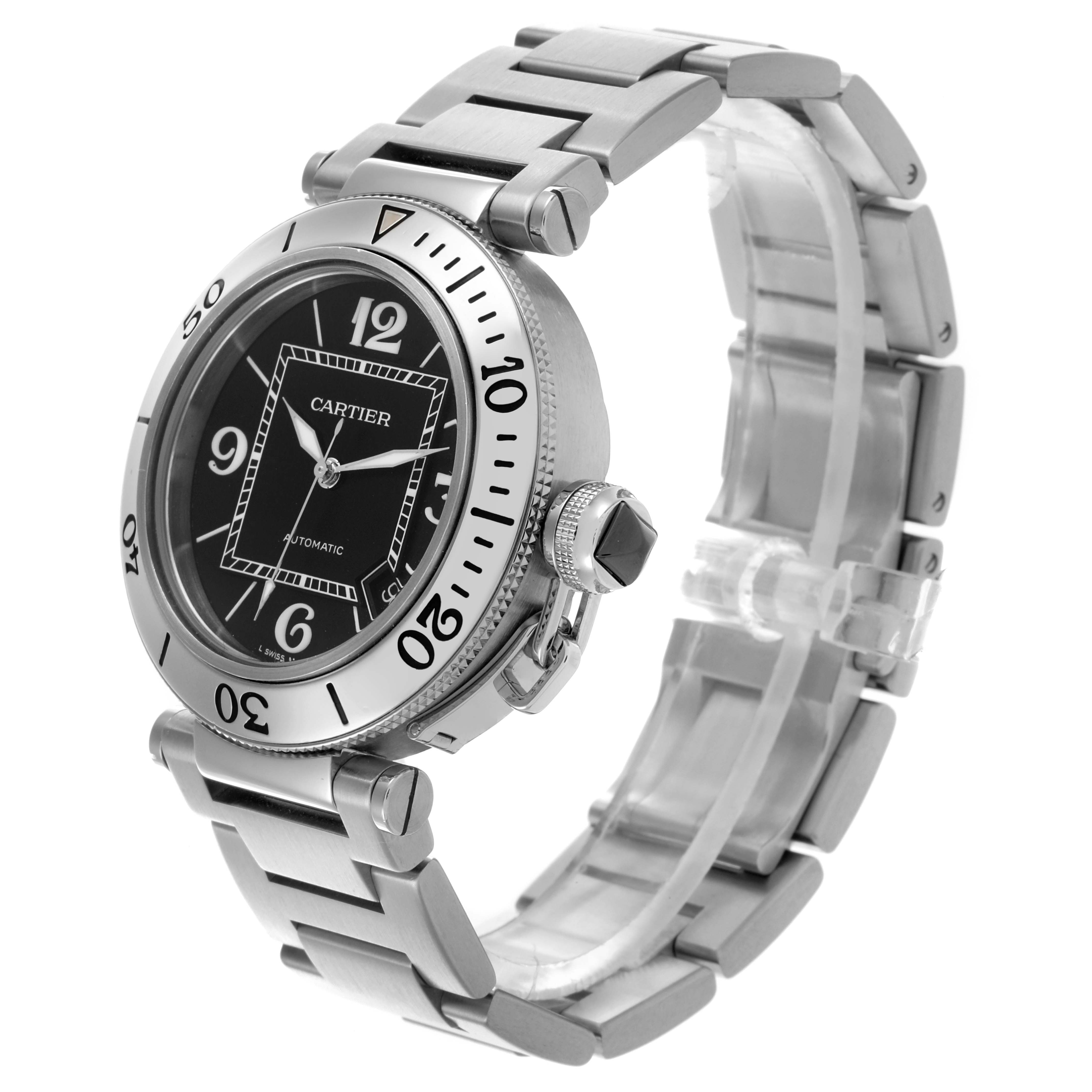 The Cartier Pasha W31077M7 Men's Stainless Steel Black Dial W31077M7 Men's Stainless Steel Black Dial watch is shown at a slight angle, displaying the face, bezel, crown, and bracelet.