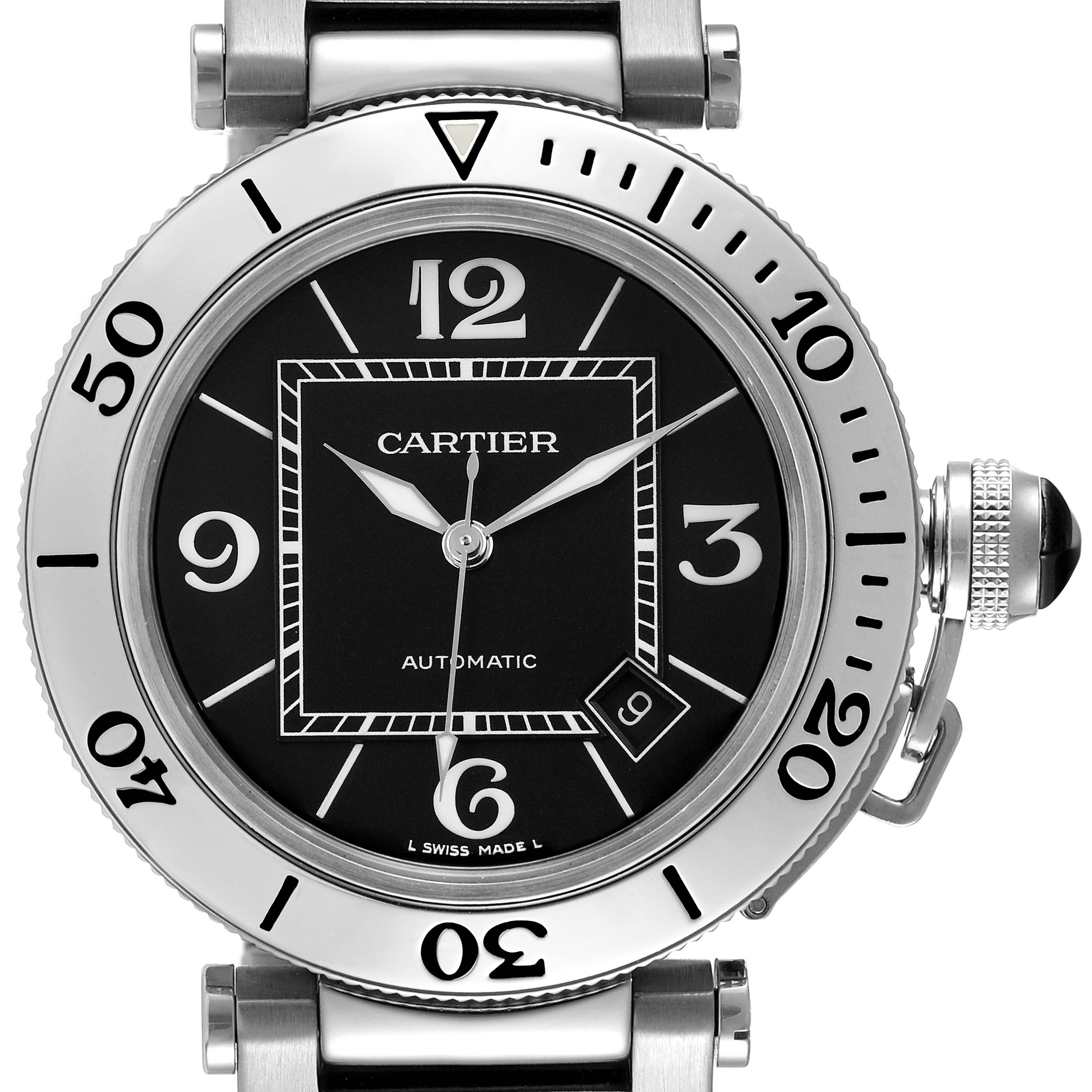 The Cartier Pasha W31077M7 Men's Stainless Steel Black Dial W31077M7 Men's Stainless Steel Black Dial watch is shown from the front, displaying the bezel, dial, and crown.