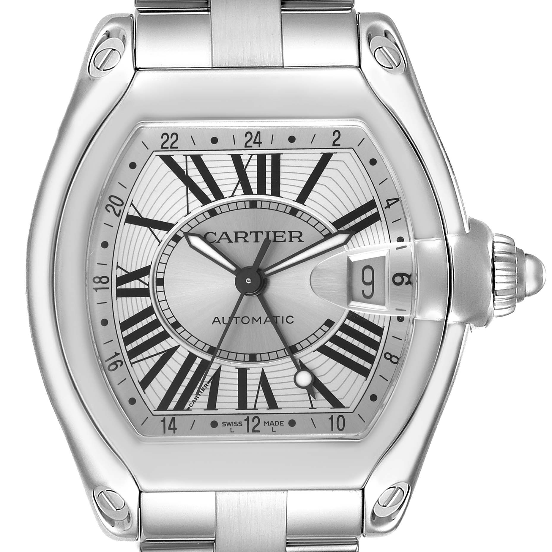 The image shows a Cartier Roadster W62032X6 Men's Stainless Steel Silver Dial W62032X6 Men's Stainless Steel Silver Dial watch from a direct, frontal angle, highlighting its dial, hands, date window, and part of its bracelet.