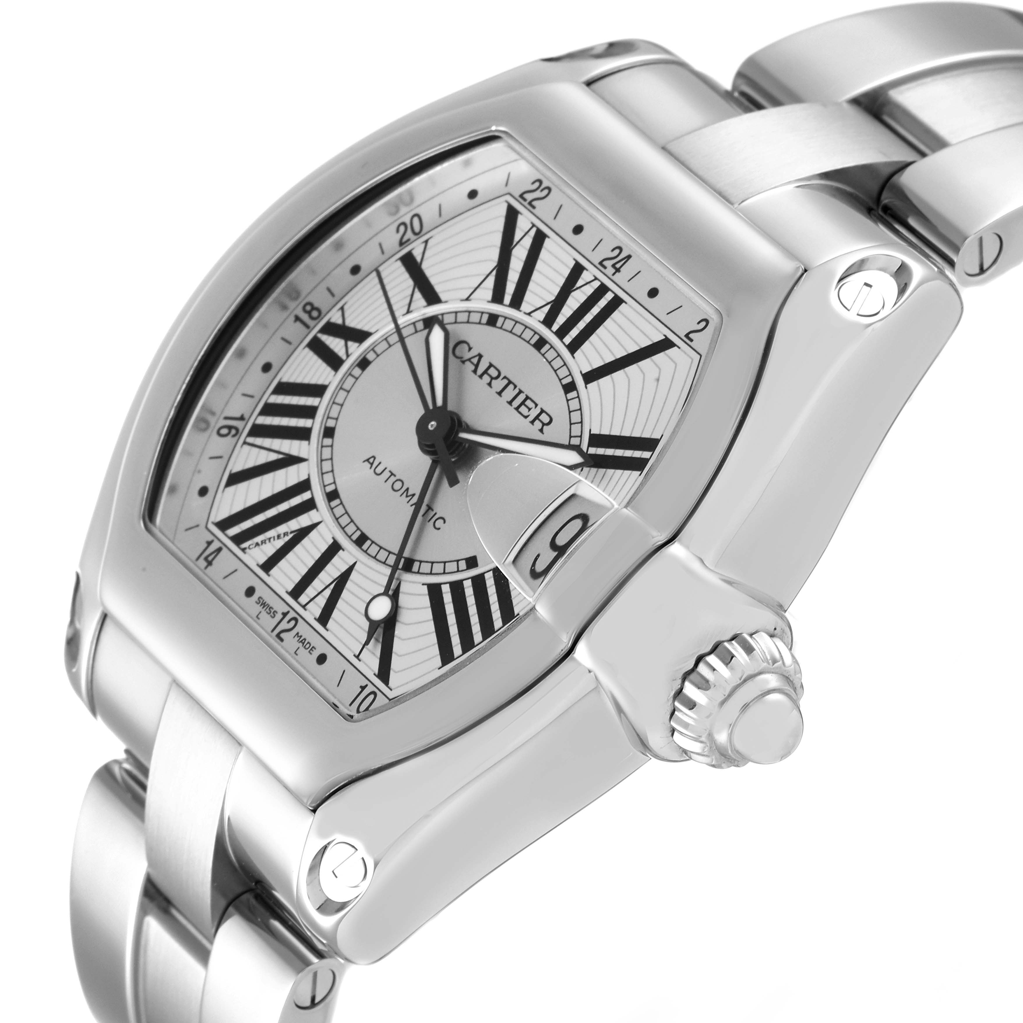 The image shows a Cartier Roadster W62032X6 Men's Stainless Steel Silver Dial W62032X6 Men's Stainless Steel Silver Dial watch at a side angle, highlighting the face, bezel, crown, and part of the bracelet.