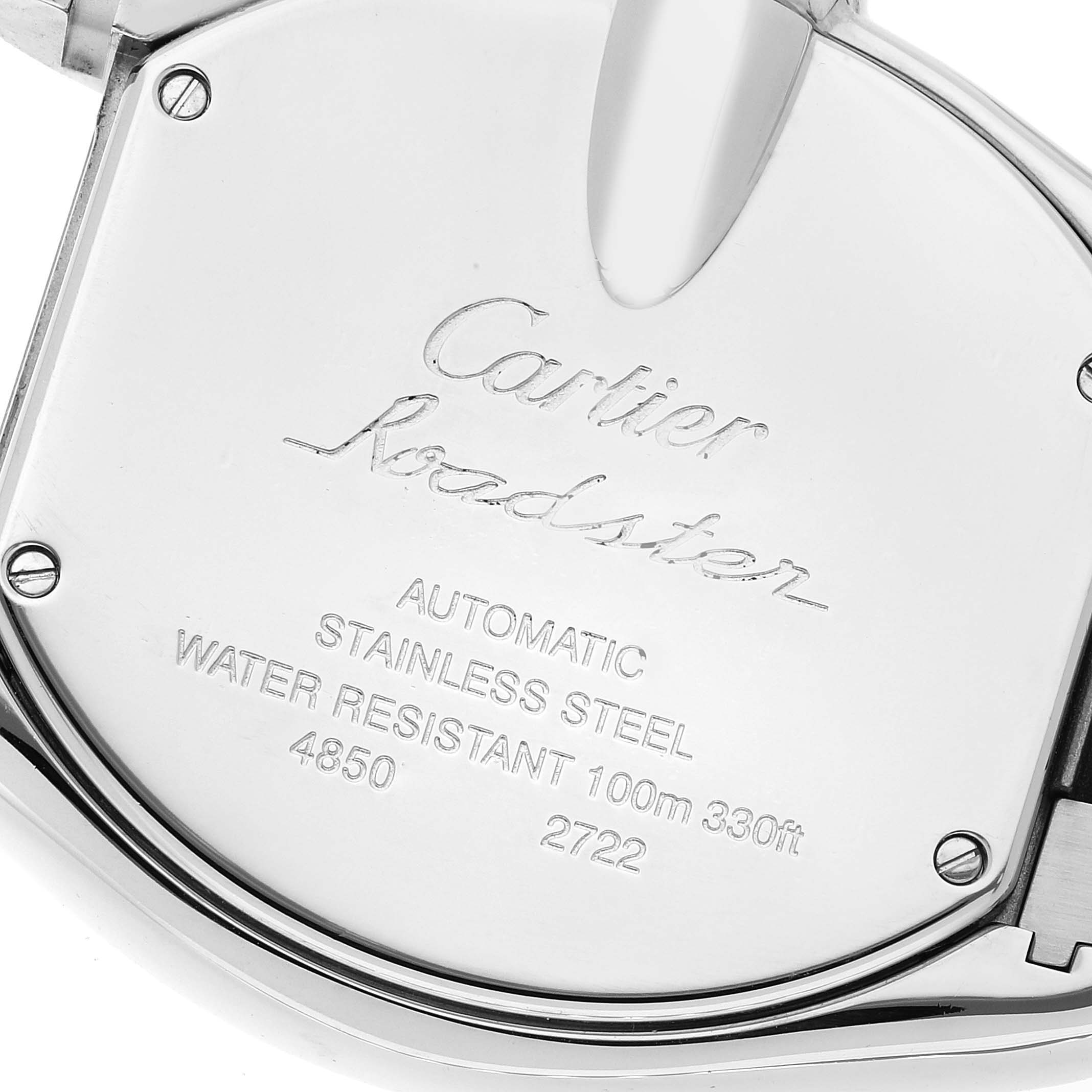 This image shows the engraved back of a Cartier Roadster W62032X6 Men's Stainless Steel Silver Dial W62032X6 Men's Stainless Steel Silver Dial watch, highlighting specifications like "Automatic" and "Stainless Steel."