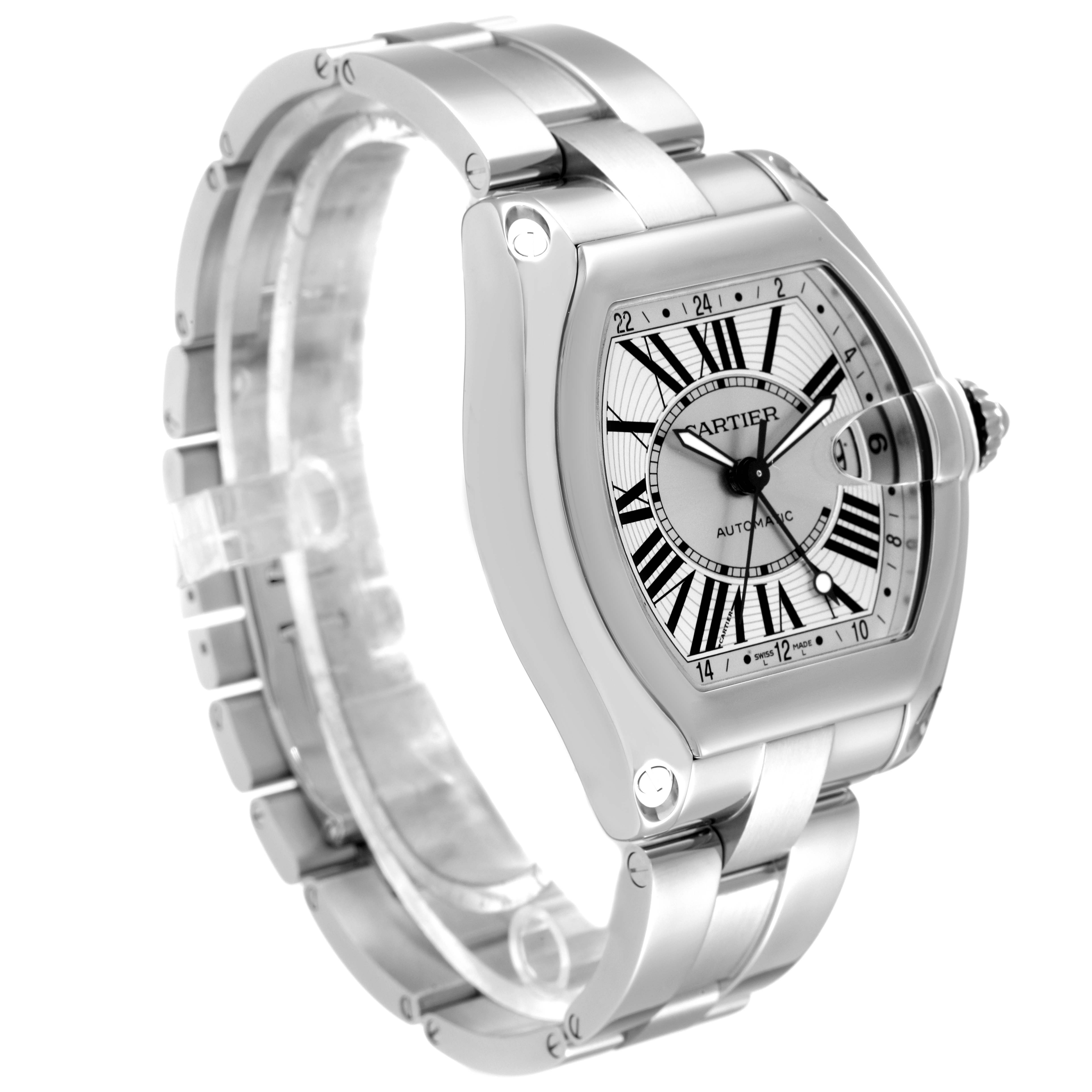 The Cartier Roadster W62032X6 Men's Stainless Steel Silver Dial W62032X6 Men's Stainless Steel Silver Dial watch is shown at an angle, highlighting its face, bracelet, and crown.