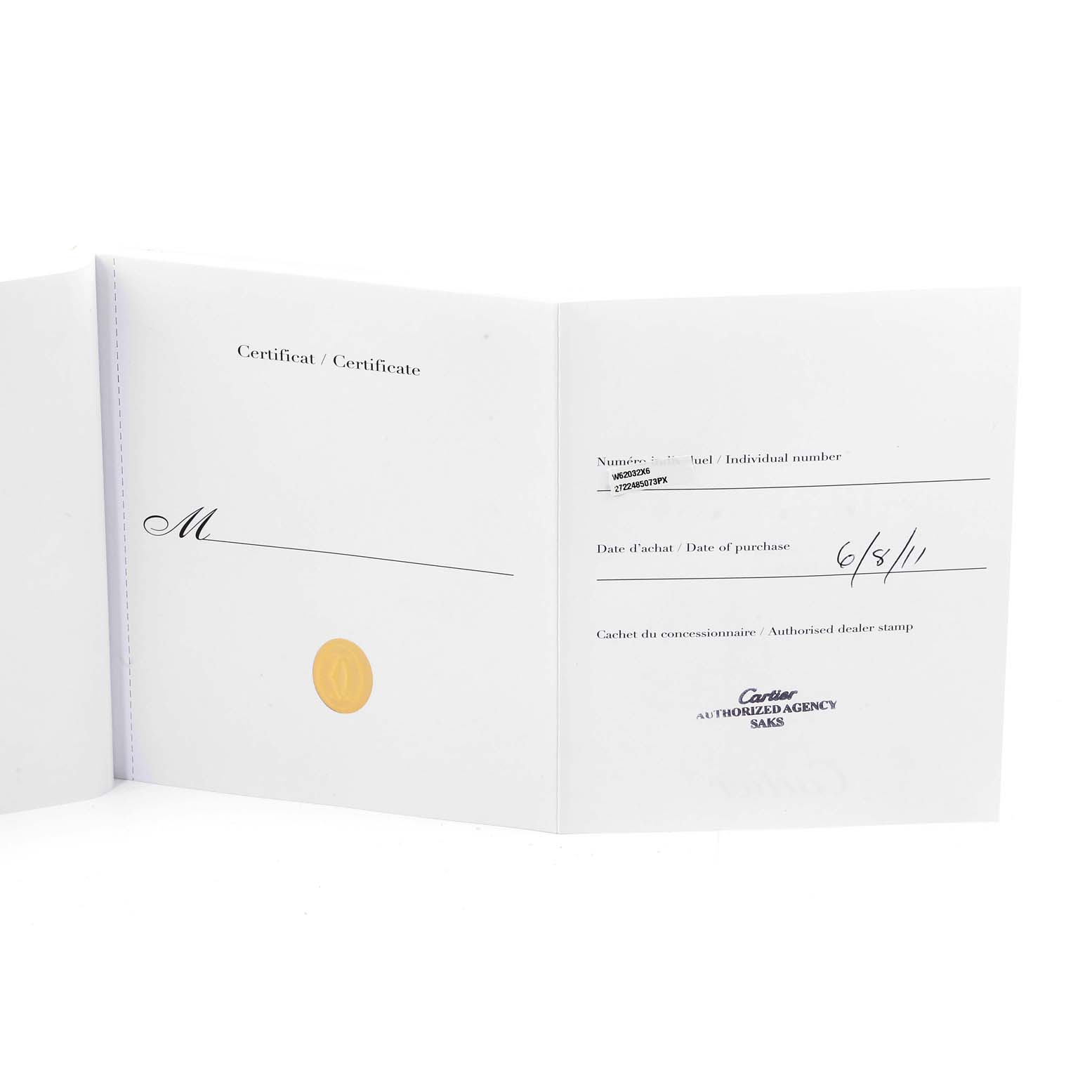 The image shows an open certificate for the Cartier Roadster W62032X6 Men's Stainless Steel Silver Dial W62032X6 Men's Stainless Steel Silver Dial model watch, displaying purchase details and an authentication stamp.